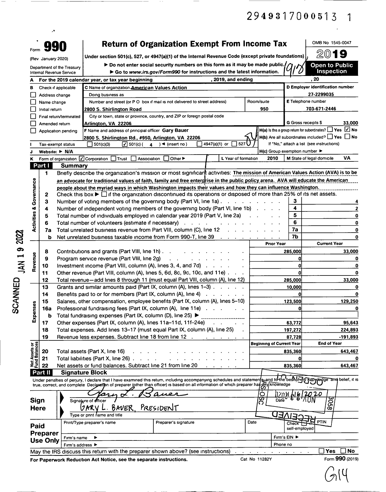 Image of first page of 2019 Form 990O for American Values Action