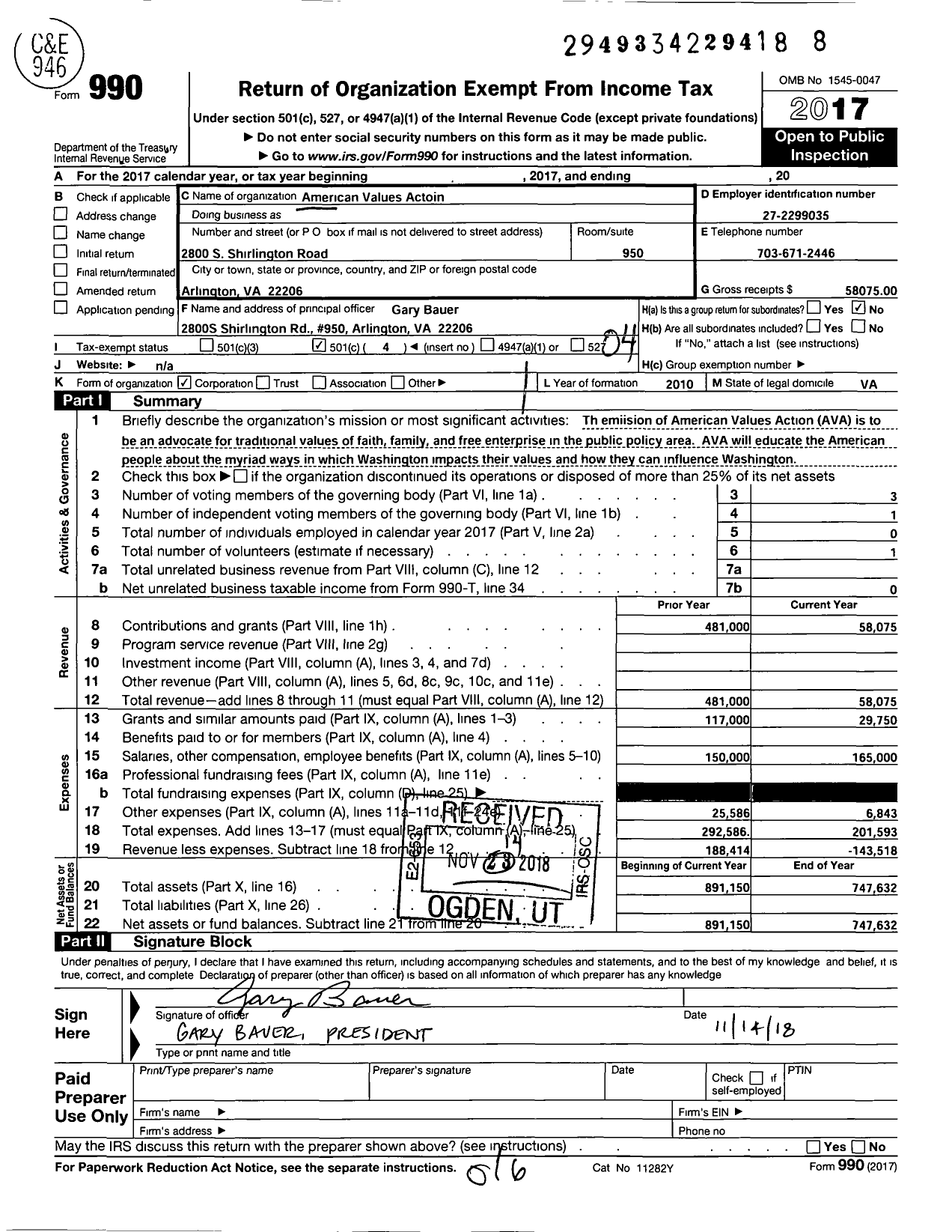 Image of first page of 2017 Form 990O for American Values Action