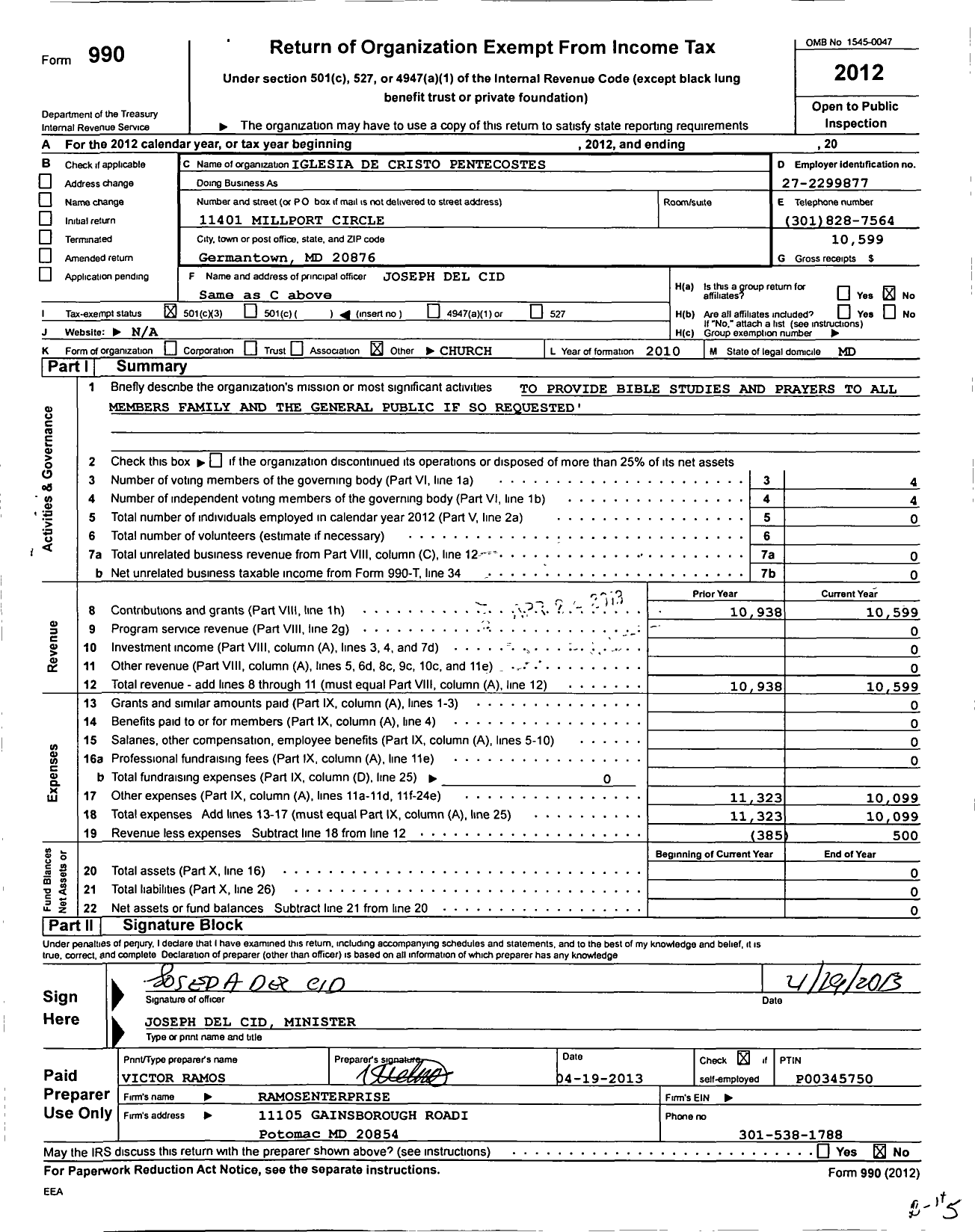 Image of first page of 2012 Form 990 for Iglesia de Cristo Pentecostes