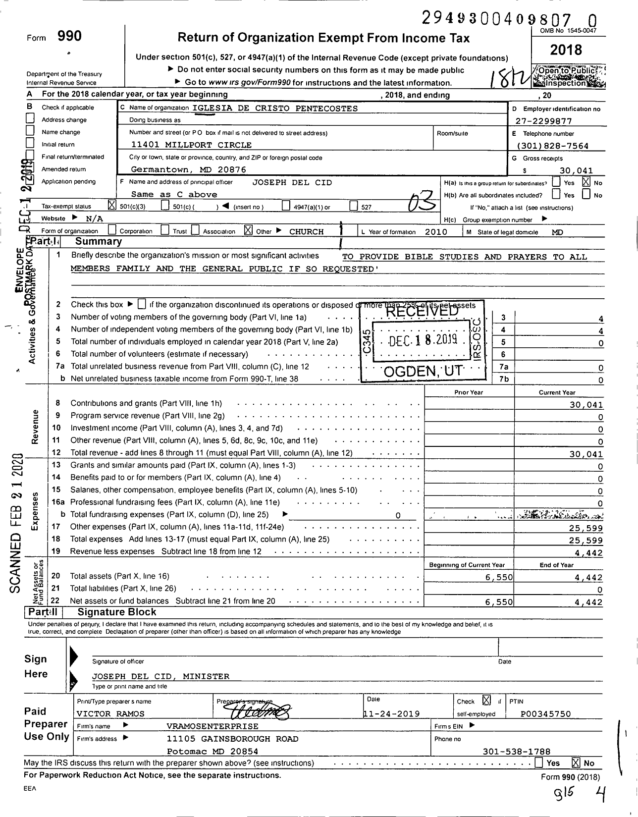 Image of first page of 2018 Form 990 for Iglesia de Cristo Pentecostes