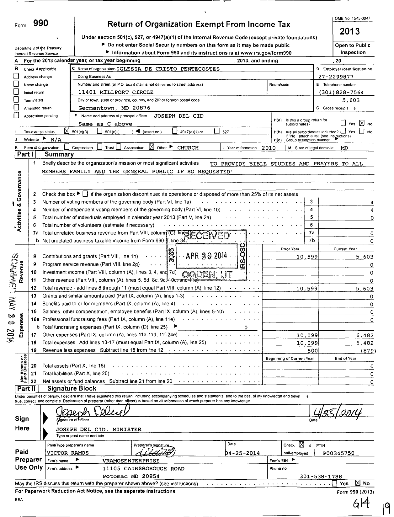 Image of first page of 2013 Form 990 for Iglesia de Cristo Pentecostes