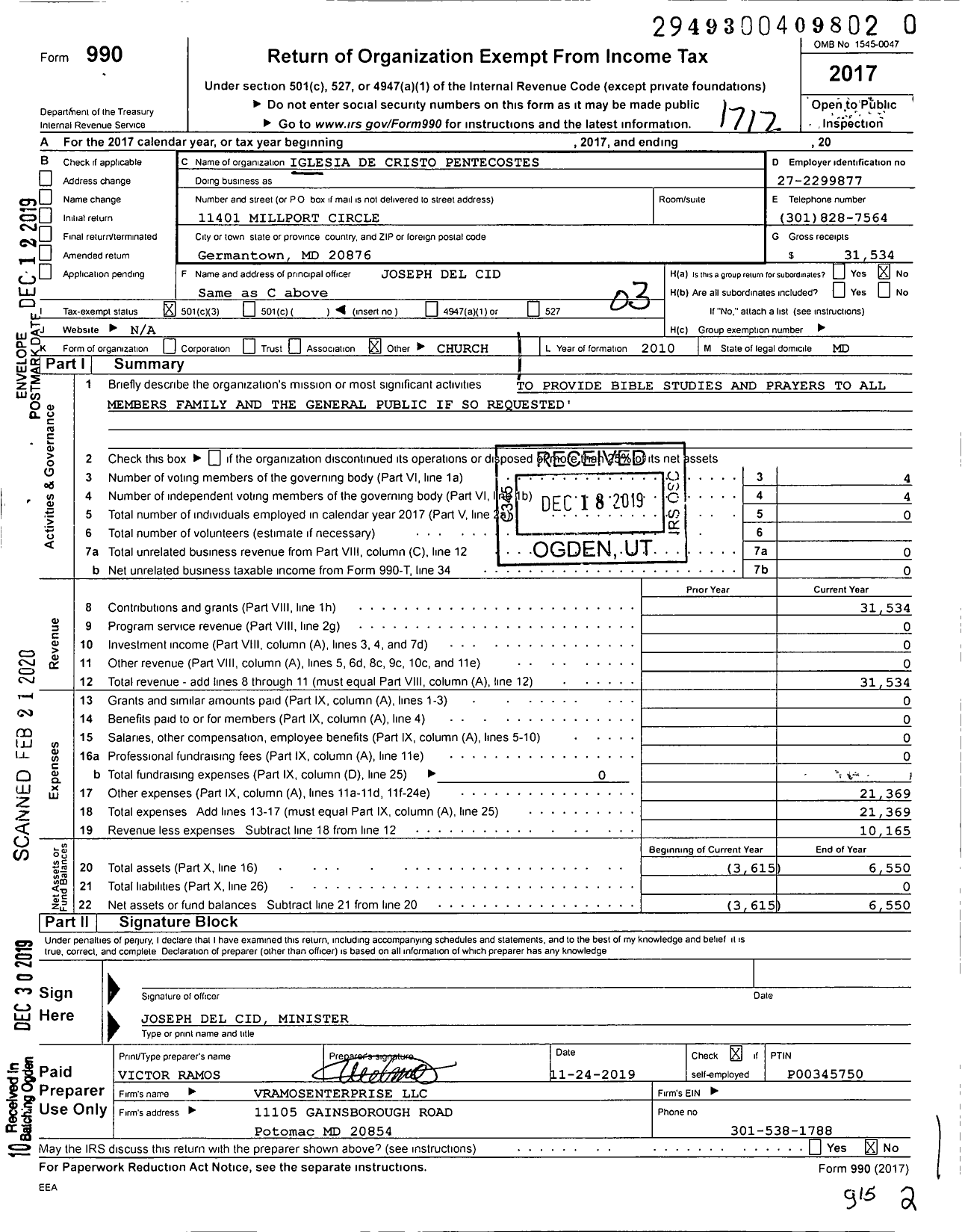 Image of first page of 2017 Form 990 for Iglesia de Cristo Pentecostes