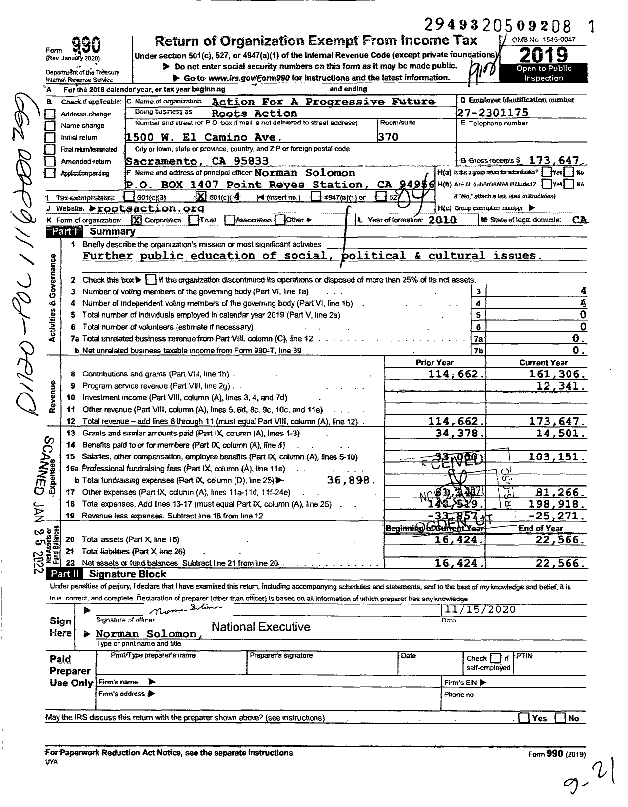 Image of first page of 2019 Form 990O for Action For A Progressive Future Roots Action