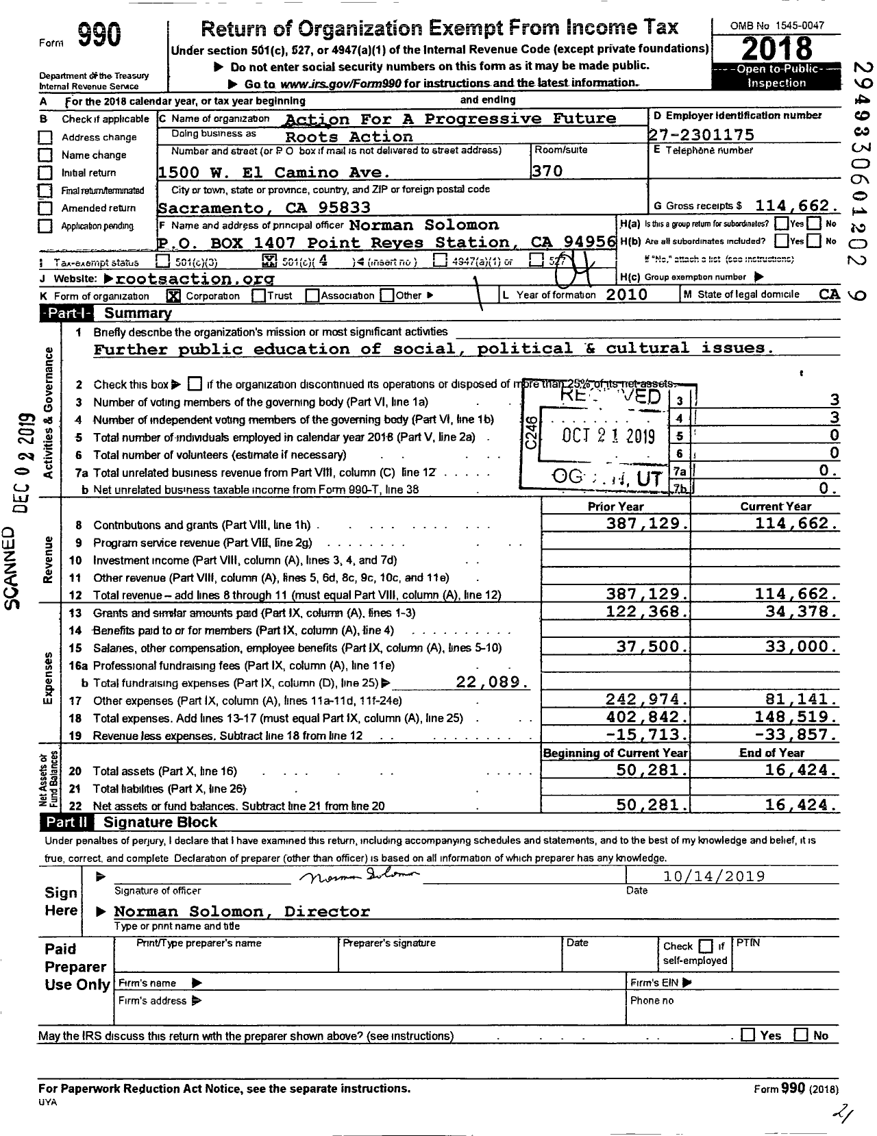 Image of first page of 2018 Form 990O for Action For A Progressive Future Roots Action