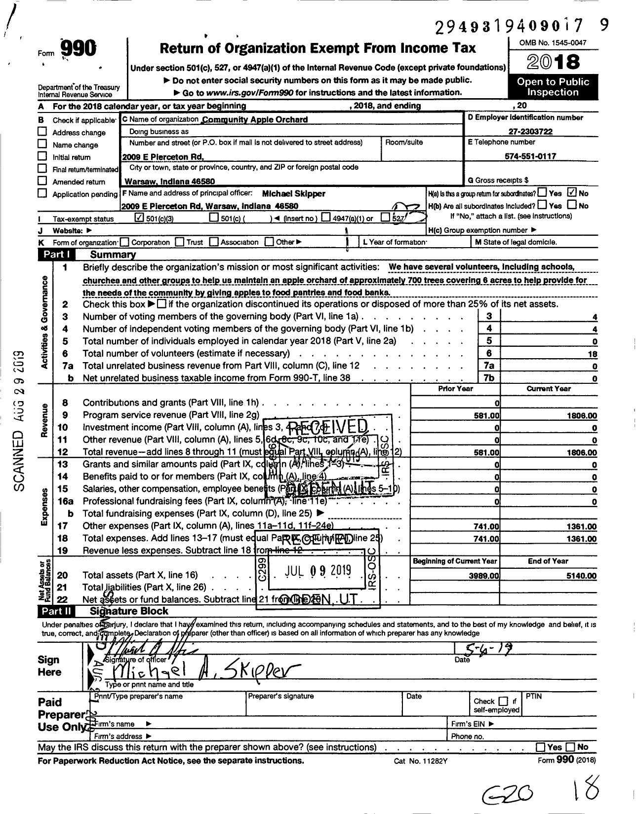Image of first page of 2018 Form 990 for Community Apple Orchard Corporation