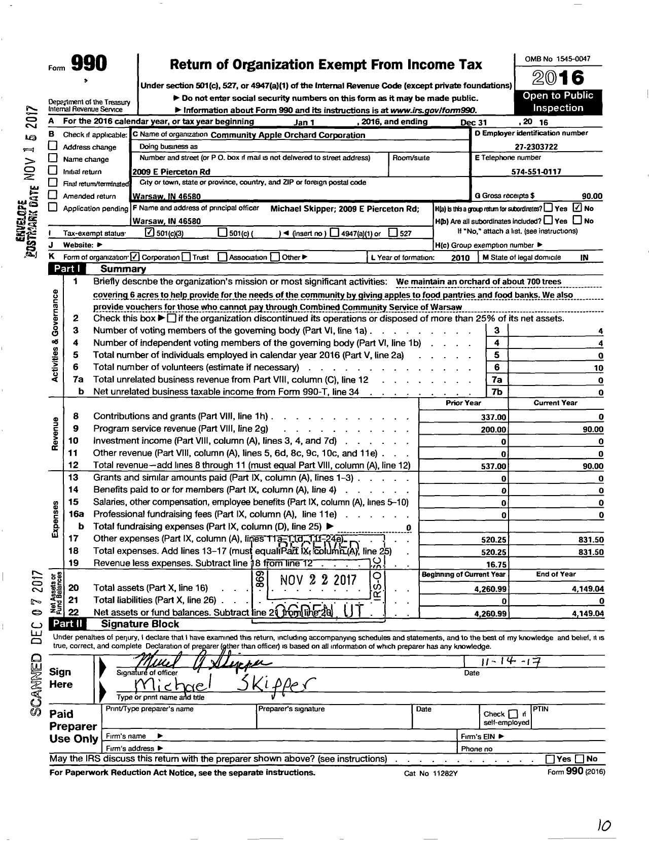 Image of first page of 2016 Form 990 for Community Apple Orchard Corporation