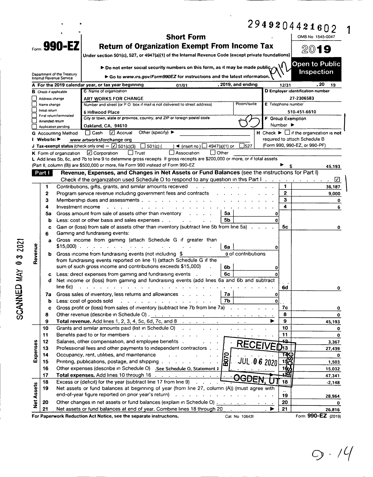 Image of first page of 2019 Form 990EZ for Art Works for Change