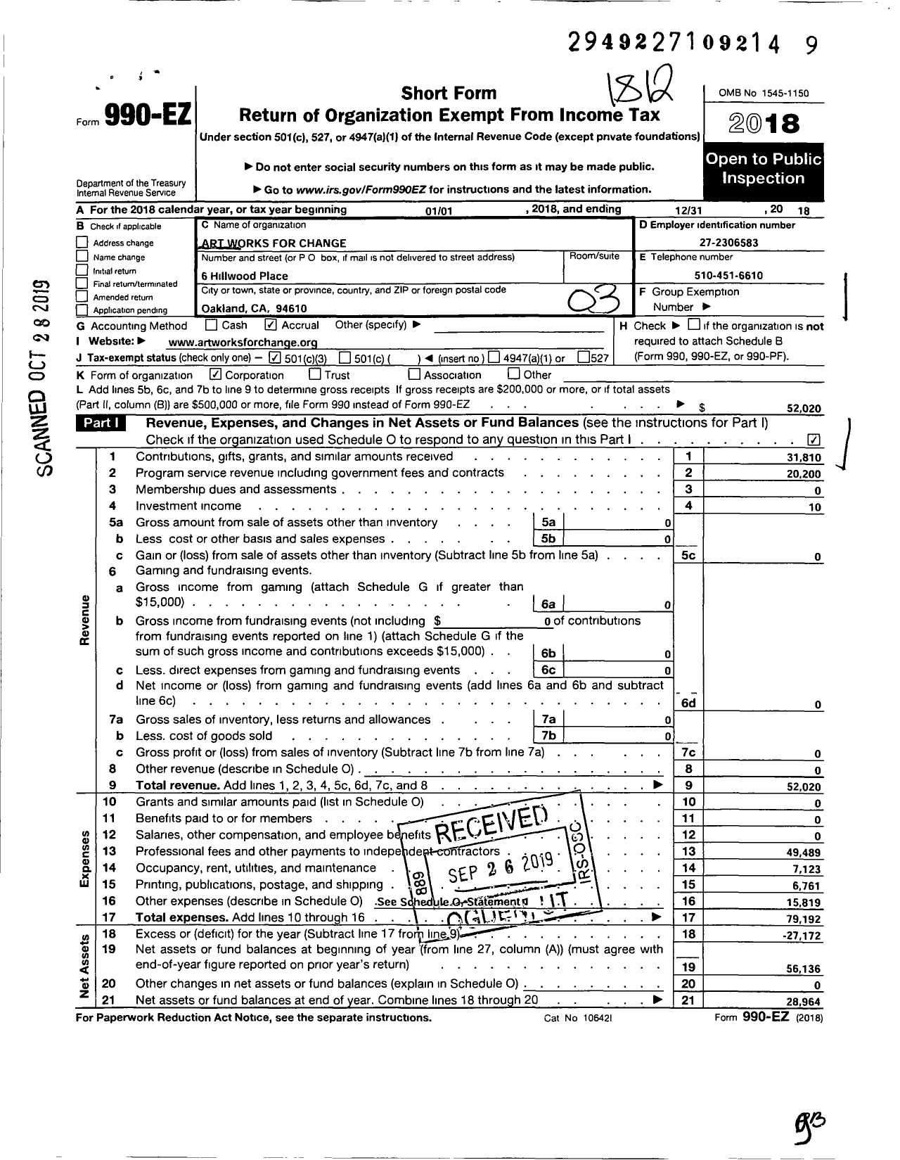 Image of first page of 2018 Form 990EZ for Art Works for Change