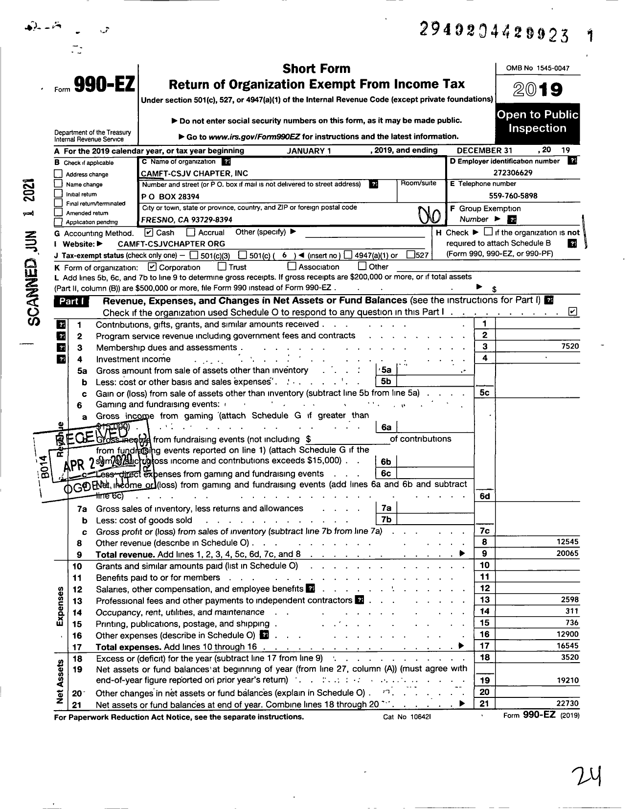 Image of first page of 2019 Form 990EO for CV Camft