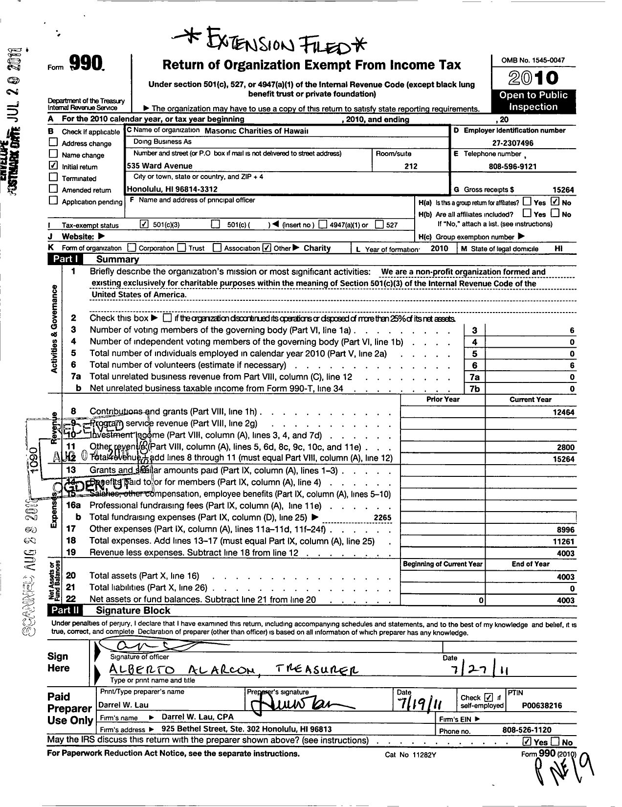 Image of first page of 2010 Form 990 for Masonic Charities of Hawaii