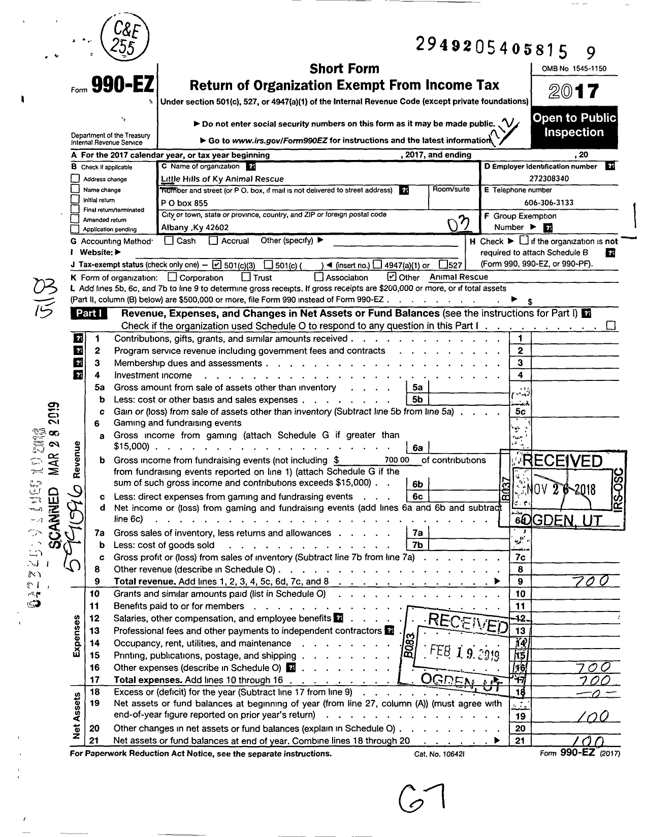 Image of first page of 2017 Form 990EZ for Little Hills of Kentucky Animal