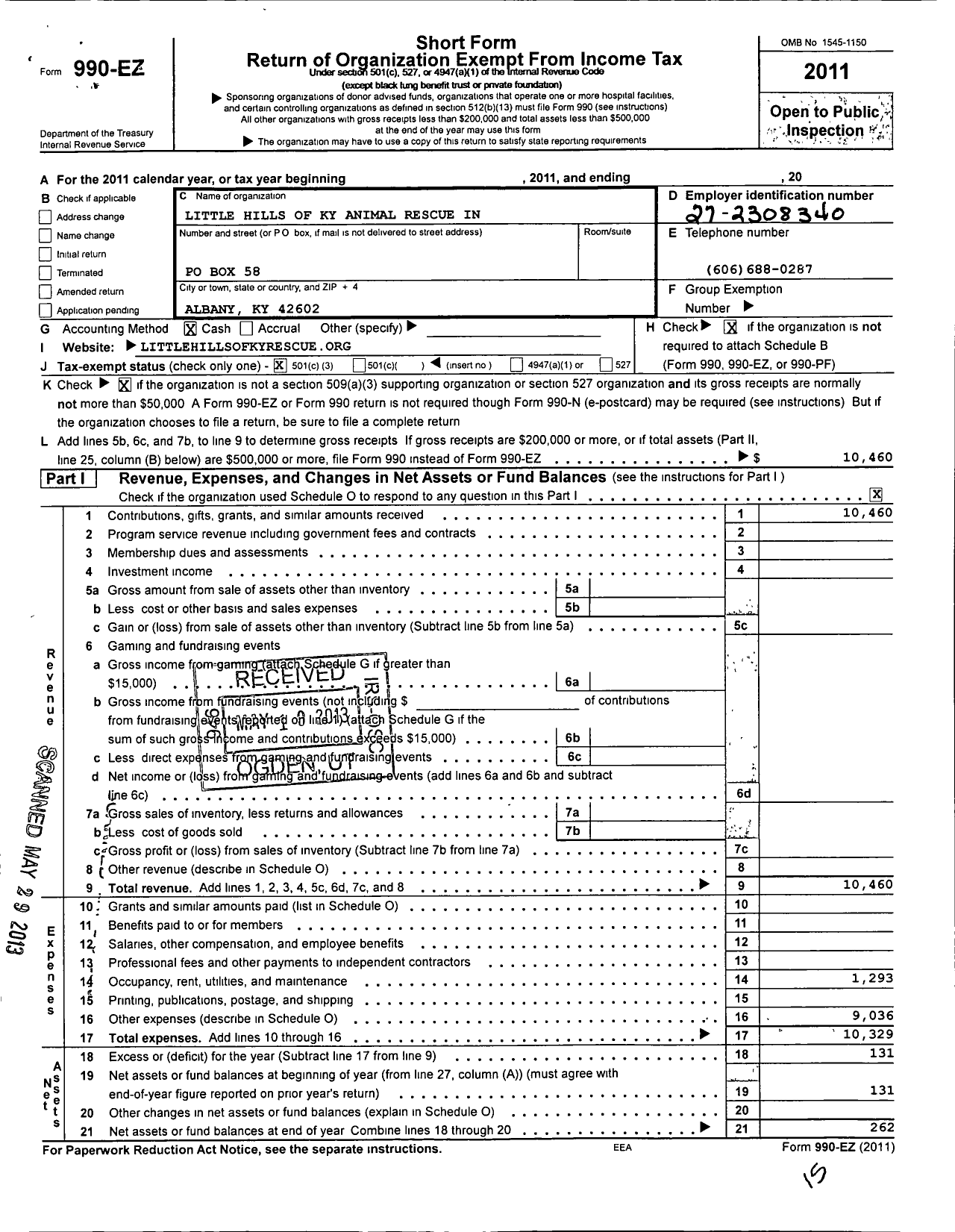 Image of first page of 2011 Form 990EZ for Little Hills of Kentucky Animal