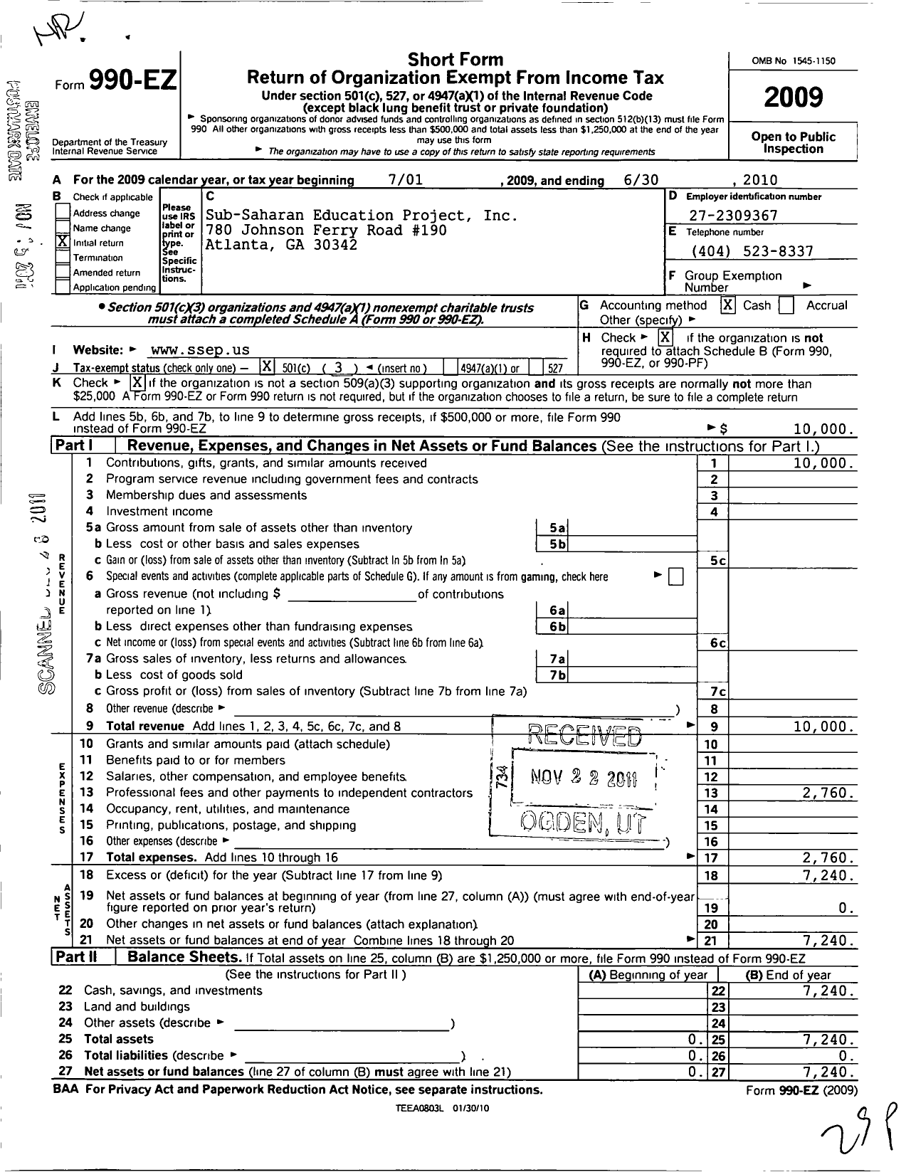 Image of first page of 2009 Form 990EZ for Sub-Saharan Education Project