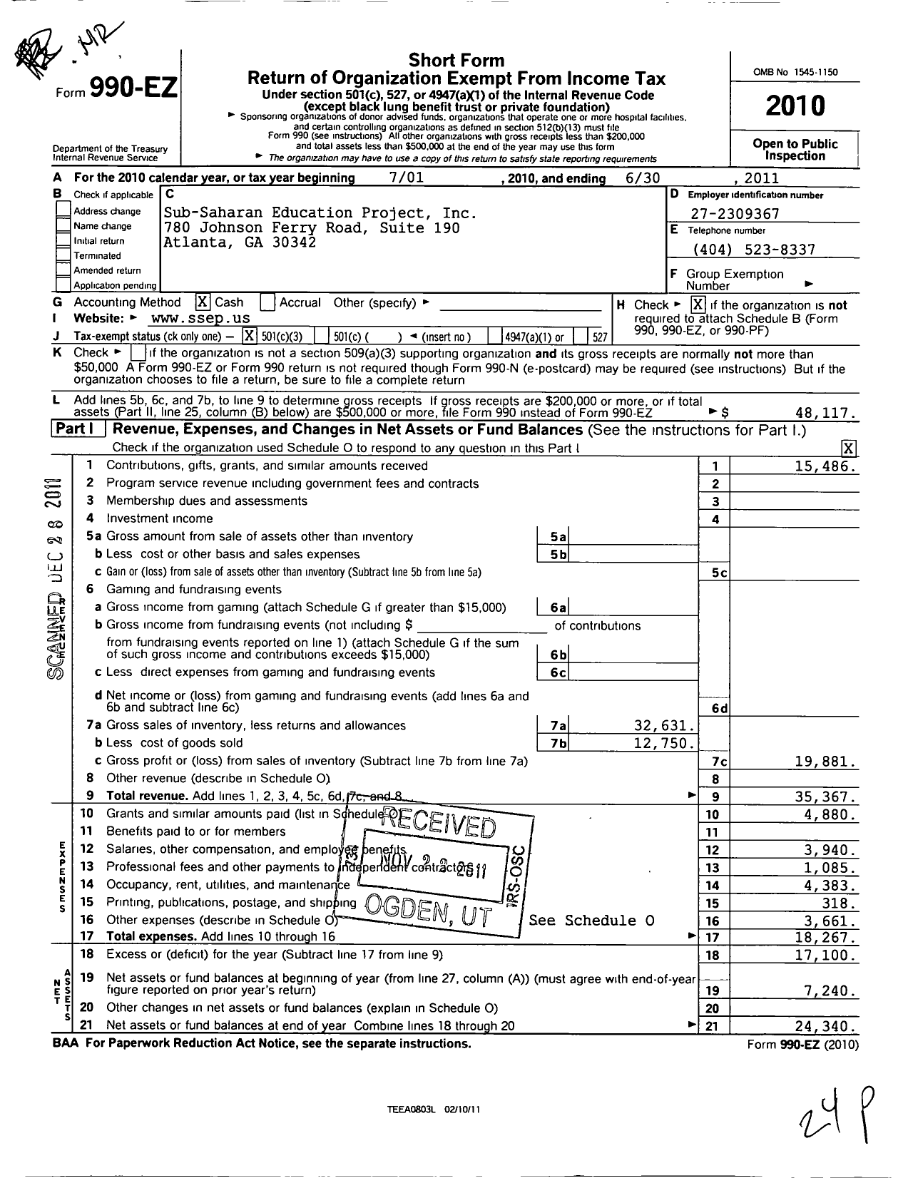 Image of first page of 2010 Form 990EZ for Sub-Saharan Education Project