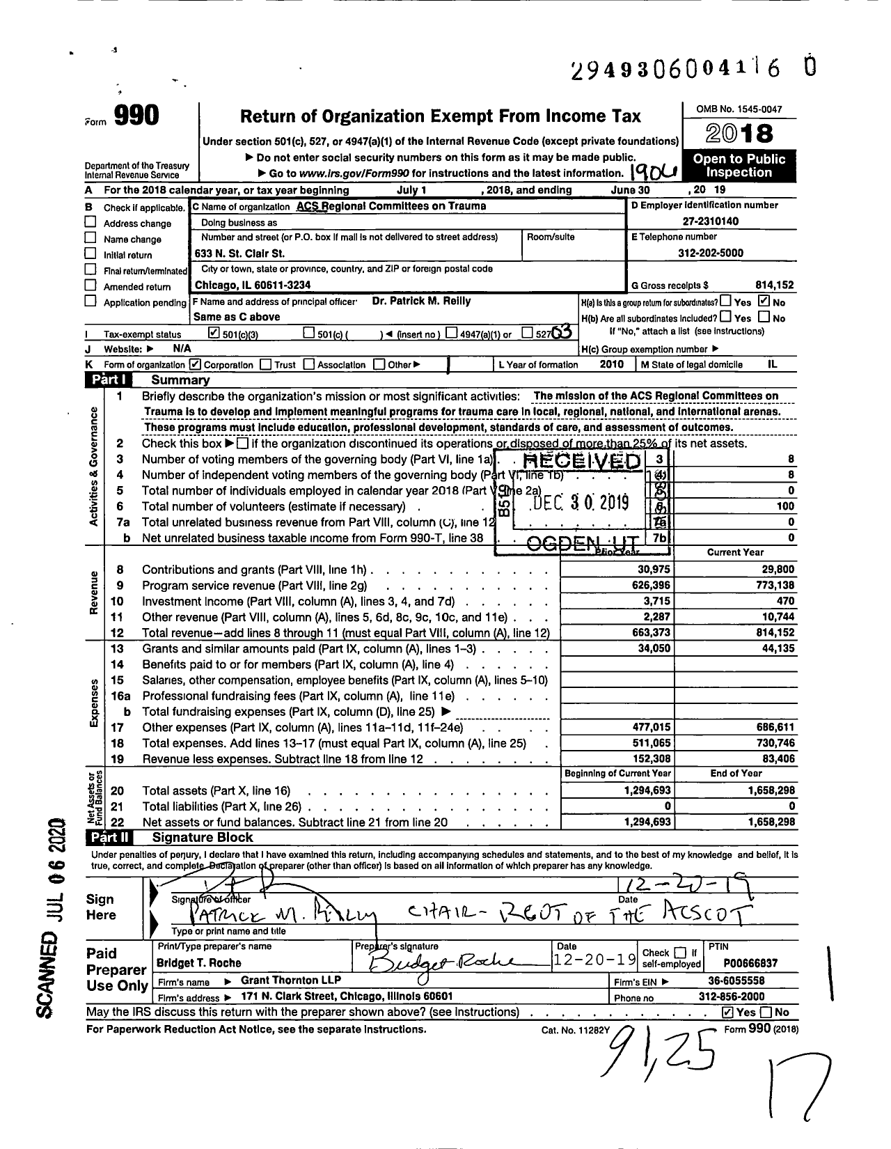 Image of first page of 2018 Form 990 for Acs Regional Committees on Trauma