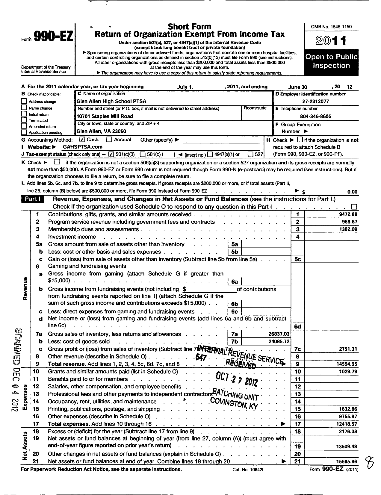 Image of first page of 2011 Form 990EZ for Virginia PTA - Glen Allen High School PTSA