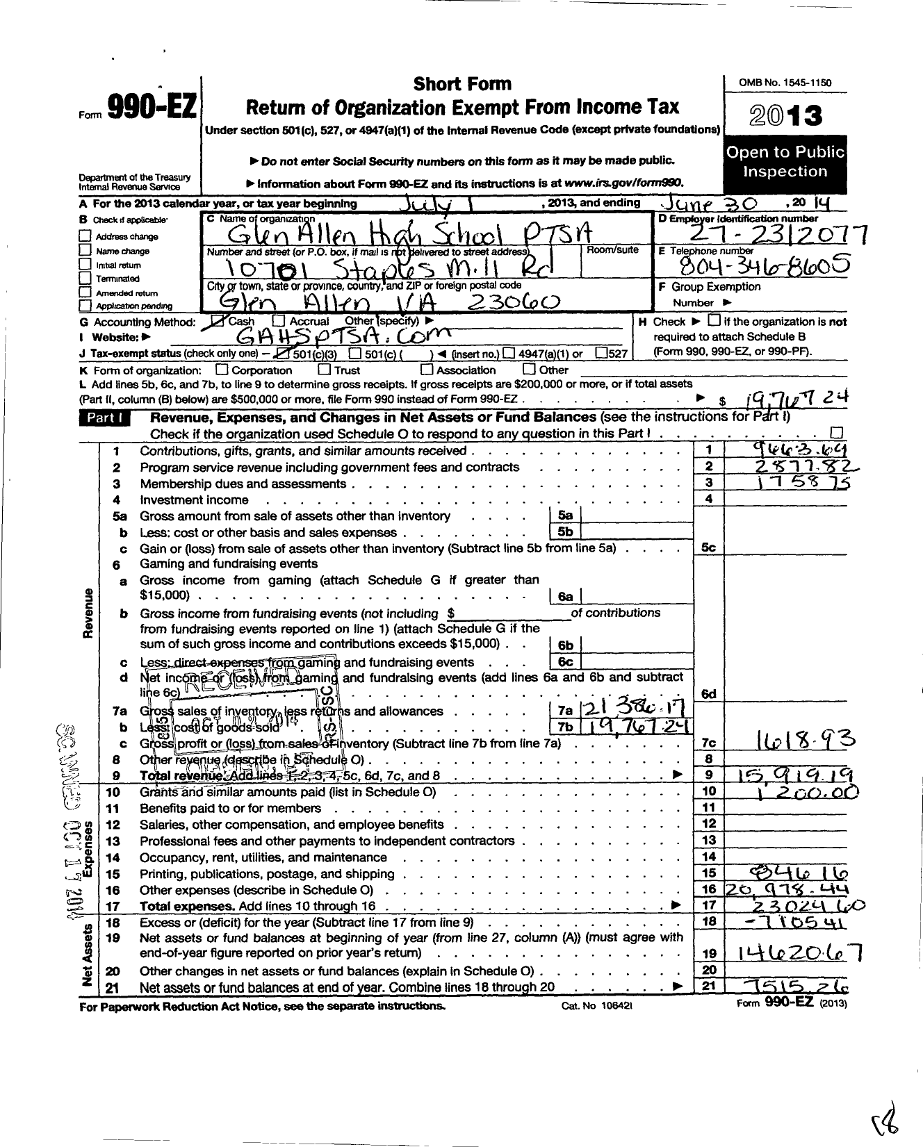 Image of first page of 2013 Form 990EZ for Virginia PTA - Glen Allen High School PTSA