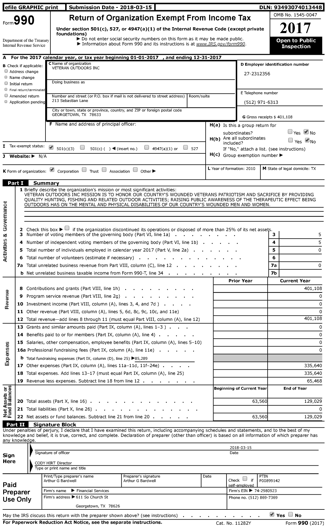Image of first page of 2017 Form 990 for Veteran Outdoors