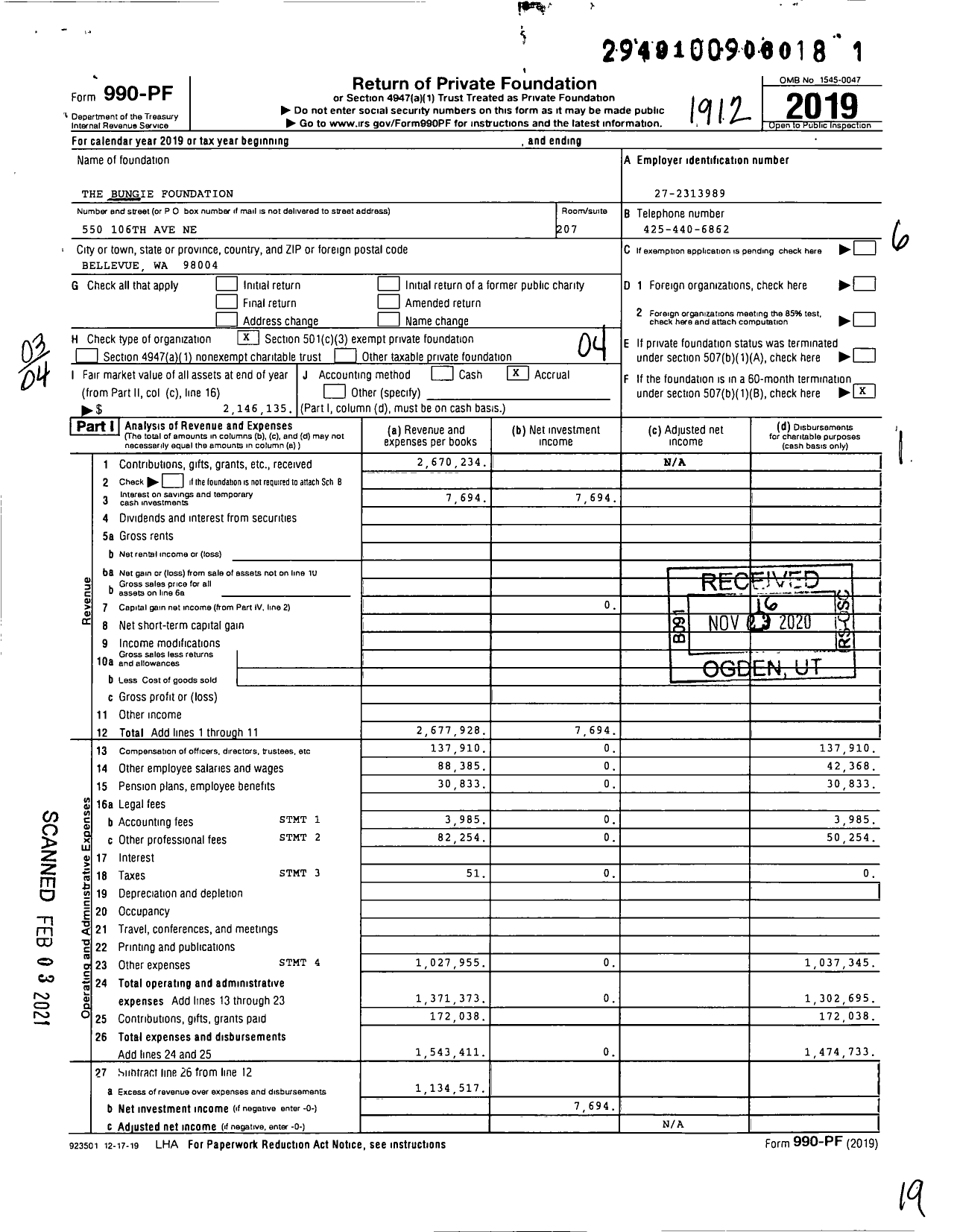 Image of first page of 2019 Form 990PF for The Bungie Foundation