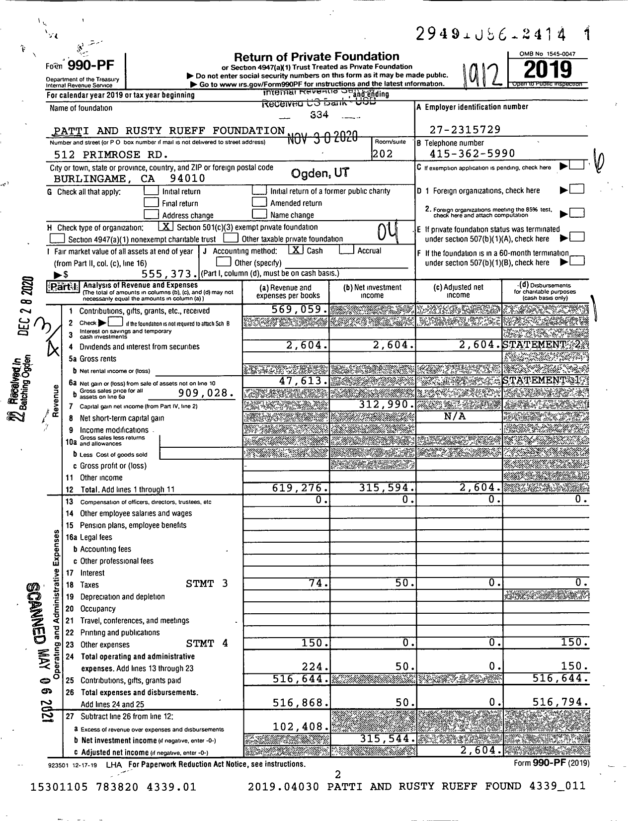 Image of first page of 2019 Form 990PF for Patti and Rusty Rueff Foundation