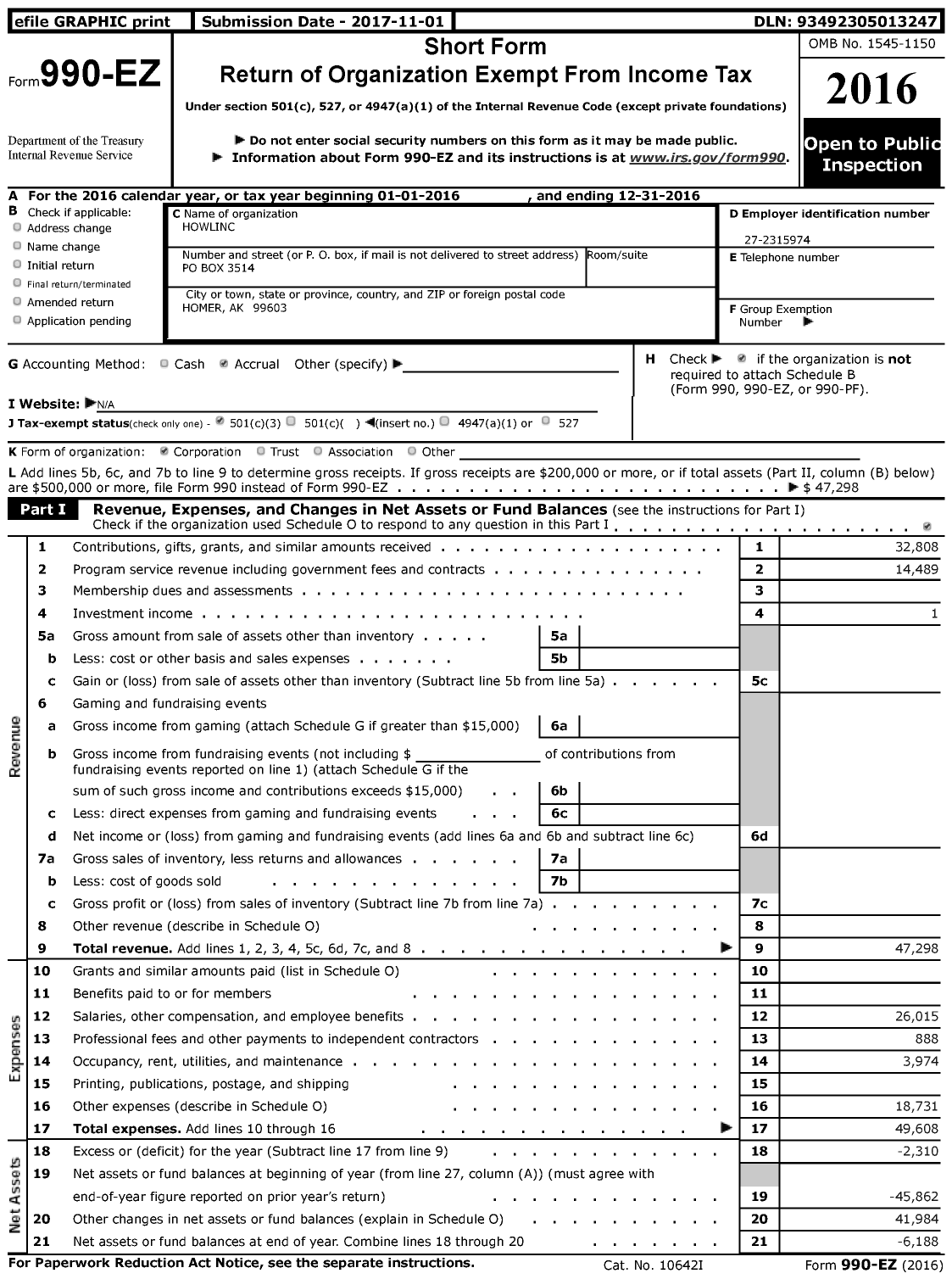 Image of first page of 2016 Form 990EZ for Howl