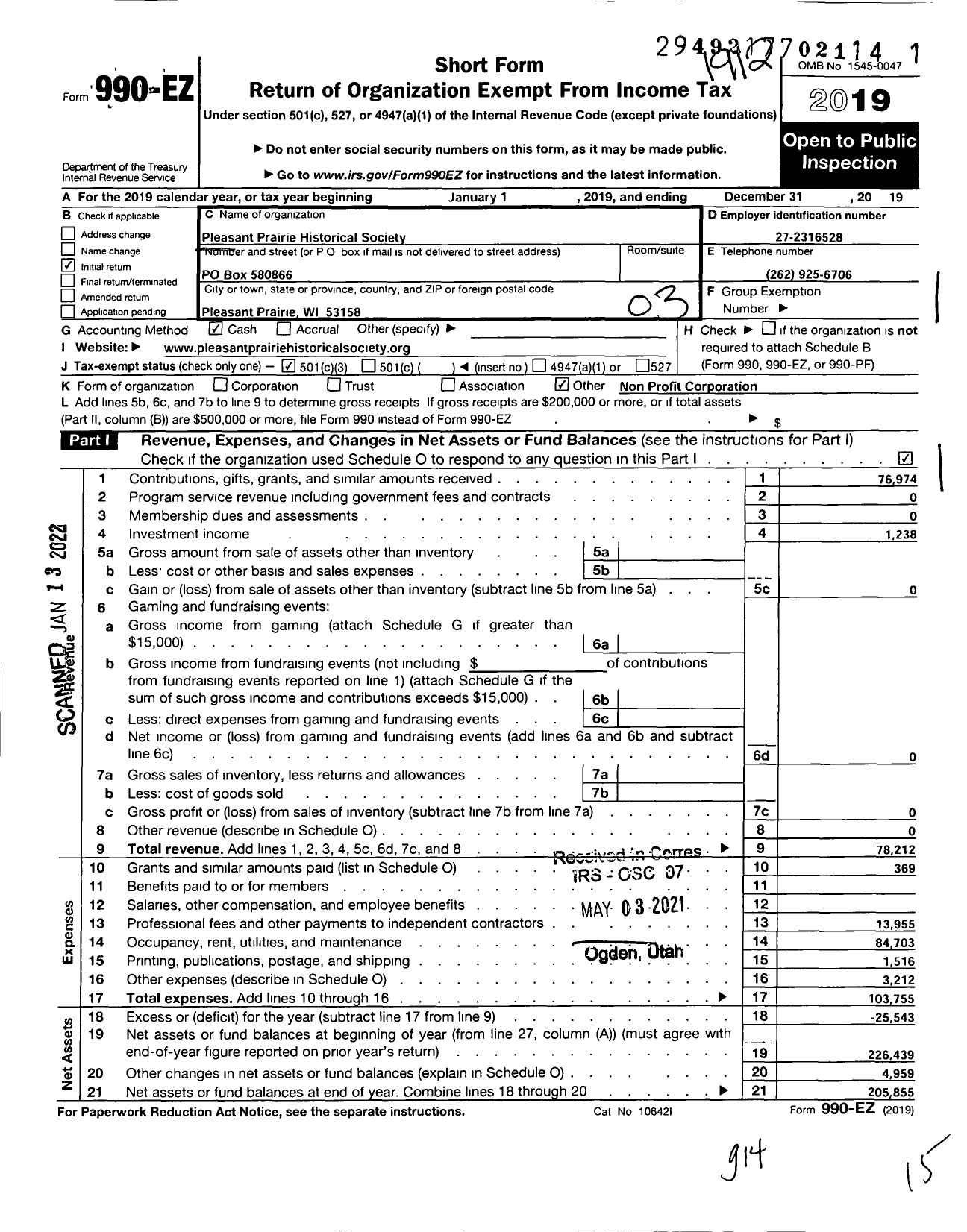 Image of first page of 2019 Form 990EZ for Pleasant Prairie Historical Society