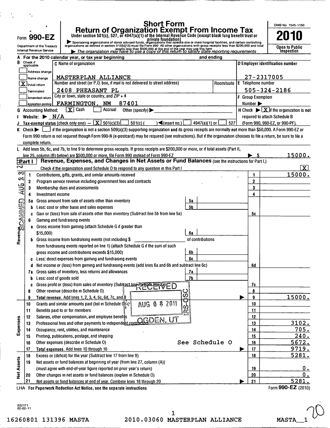 Image of first page of 2010 Form 990EZ for Masterplan Alliance