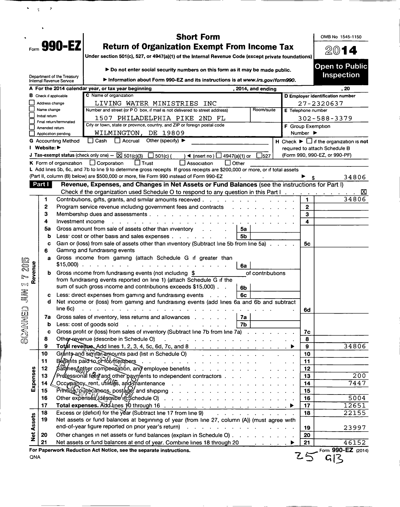 Image of first page of 2014 Form 990EZ for Living Waters Ministries