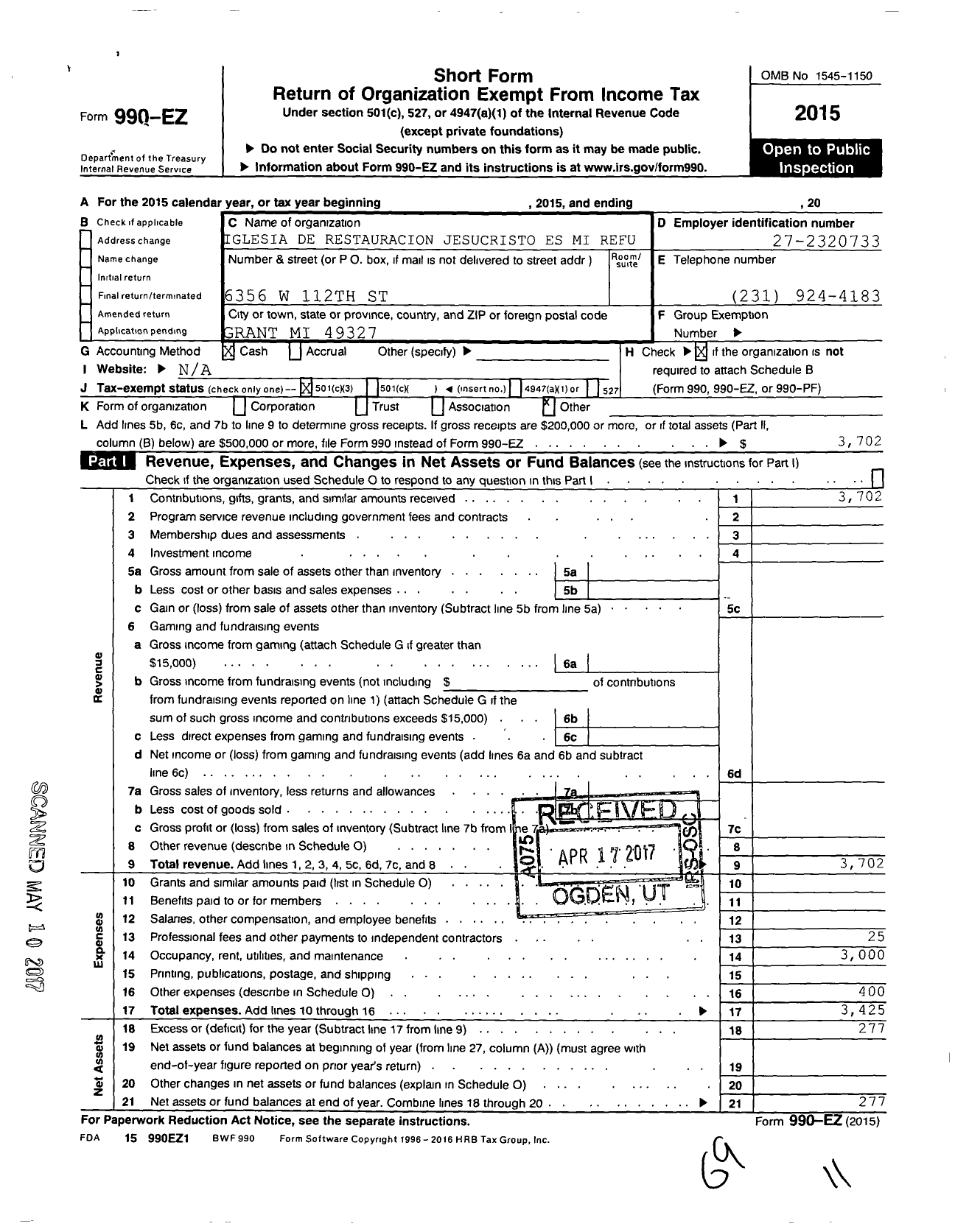 Image of first page of 2015 Form 990EZ for Iglesia de Restauracion Jesucristo Es Mi Refugio