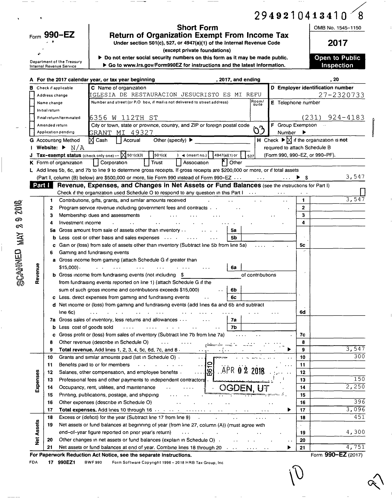 Image of first page of 2017 Form 990EZ for Iglesia de Restauracion Jesucristo Es Mi Refugio