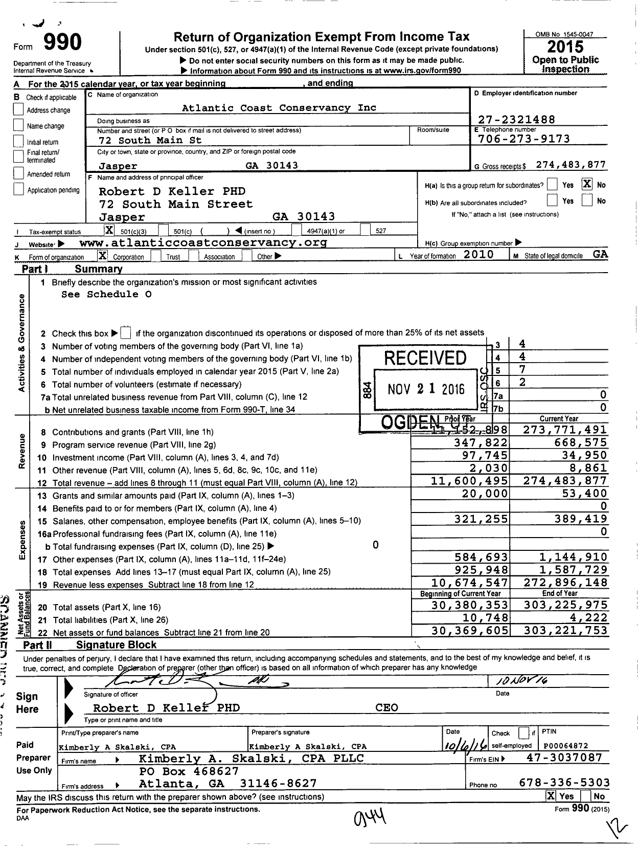 Image of first page of 2015 Form 990 for Atlantic Coast Conservancy
