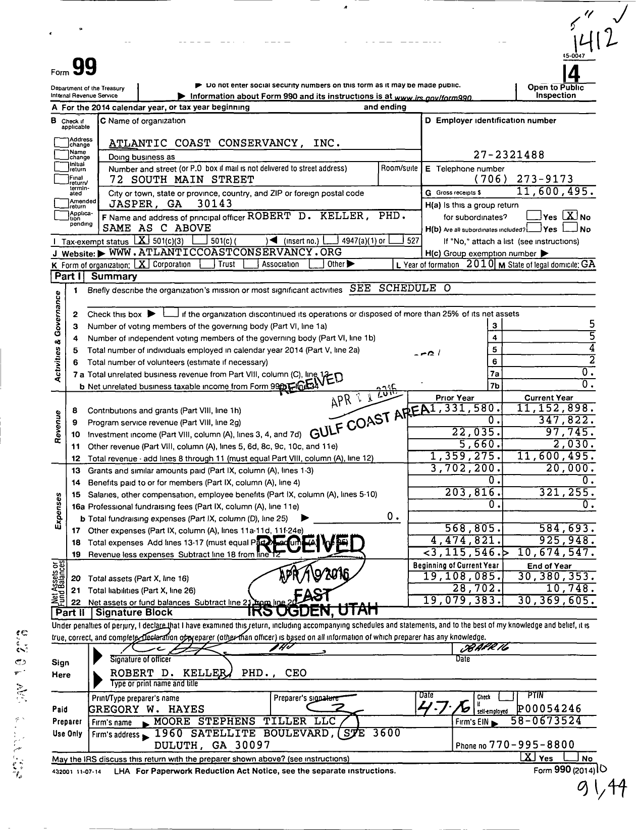 Image of first page of 2014 Form 990 for Atlantic Coast Conservancy