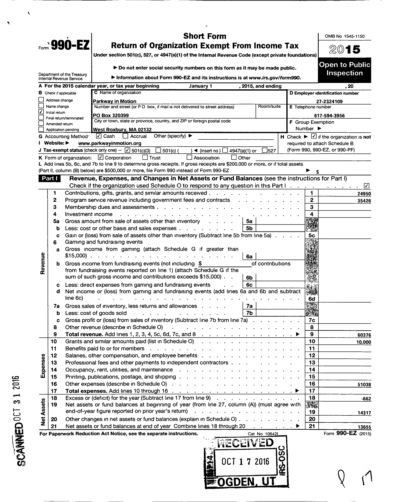 Image of first page of 2015 Form 990EZ for Parkway in Motion