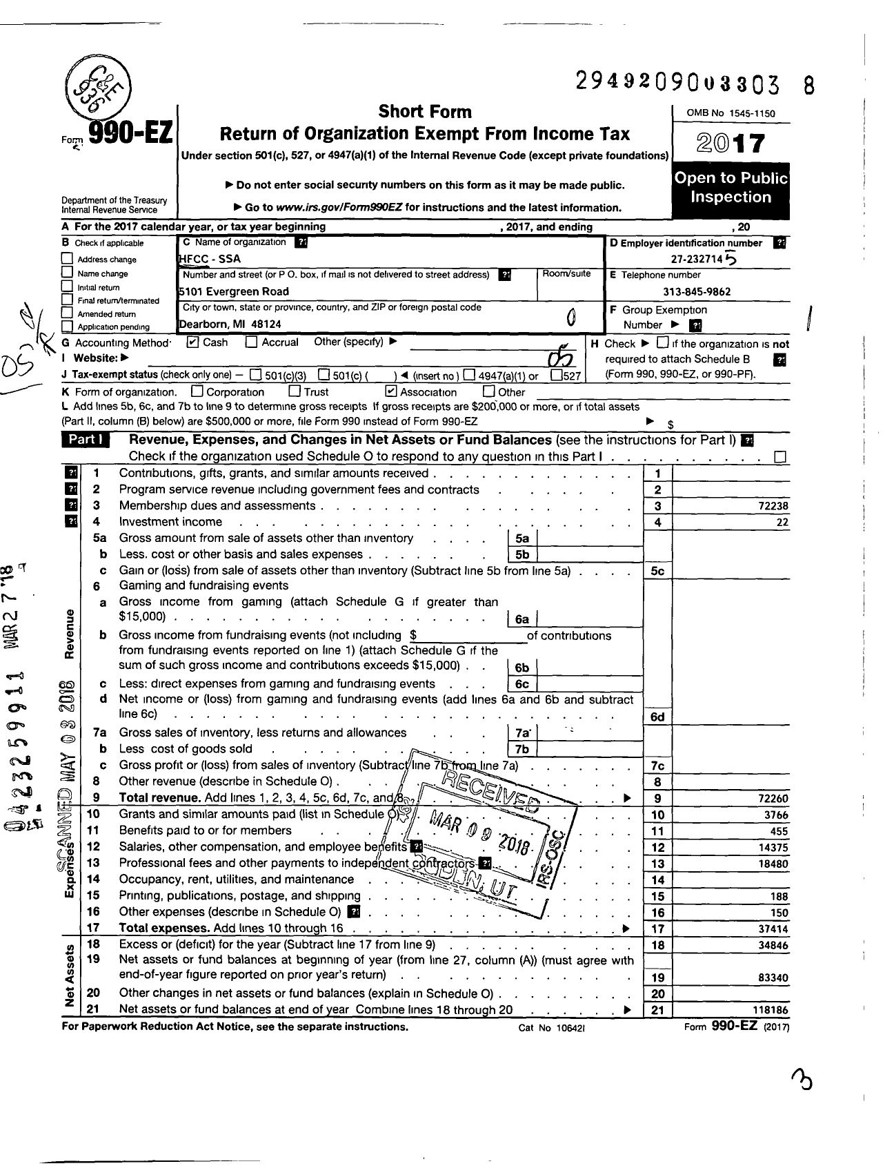 Image of first page of 2017 Form 990EO for HFC - Ssa