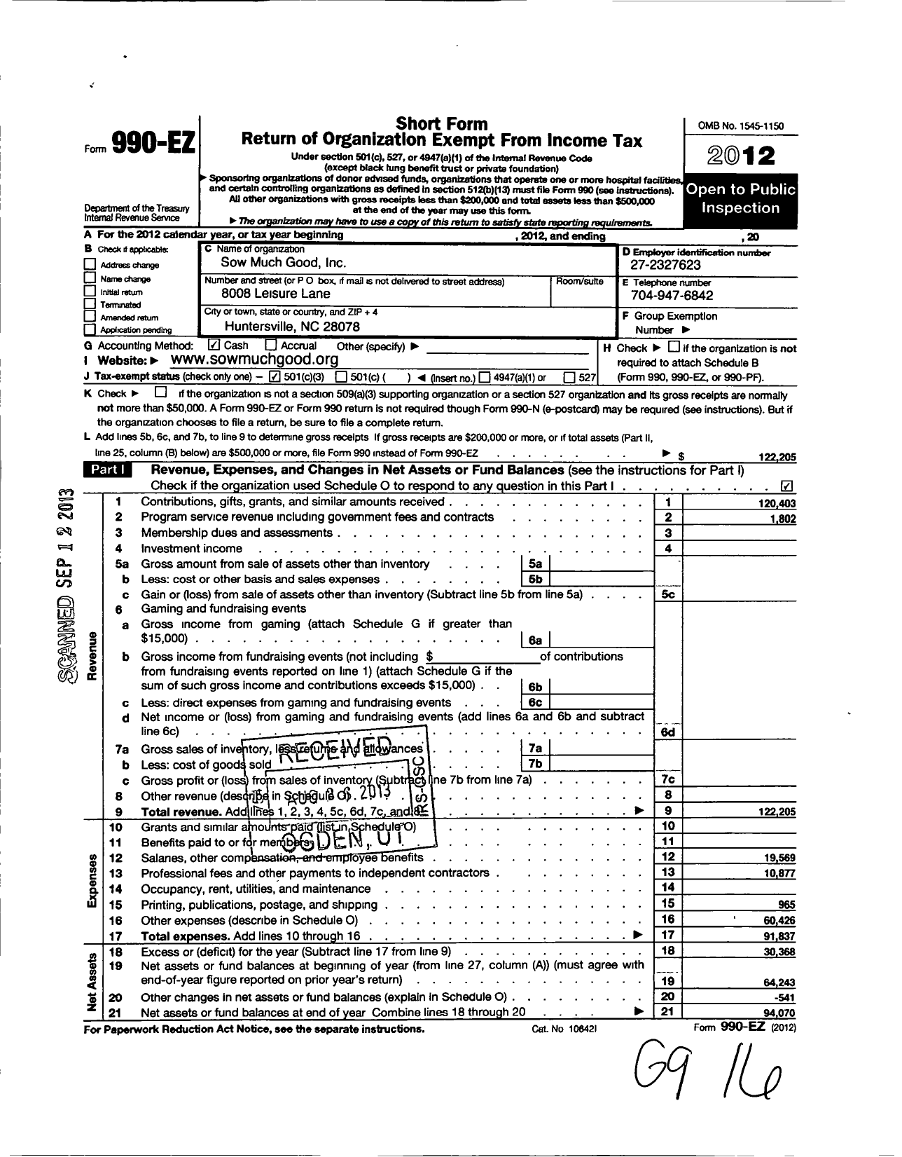 Image of first page of 2012 Form 990EZ for Sow Much Good