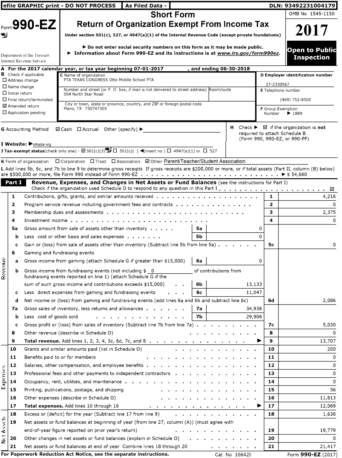Image of first page of 2017 Form 990EZ for TEXAS PTA - Otto Middle School PTA