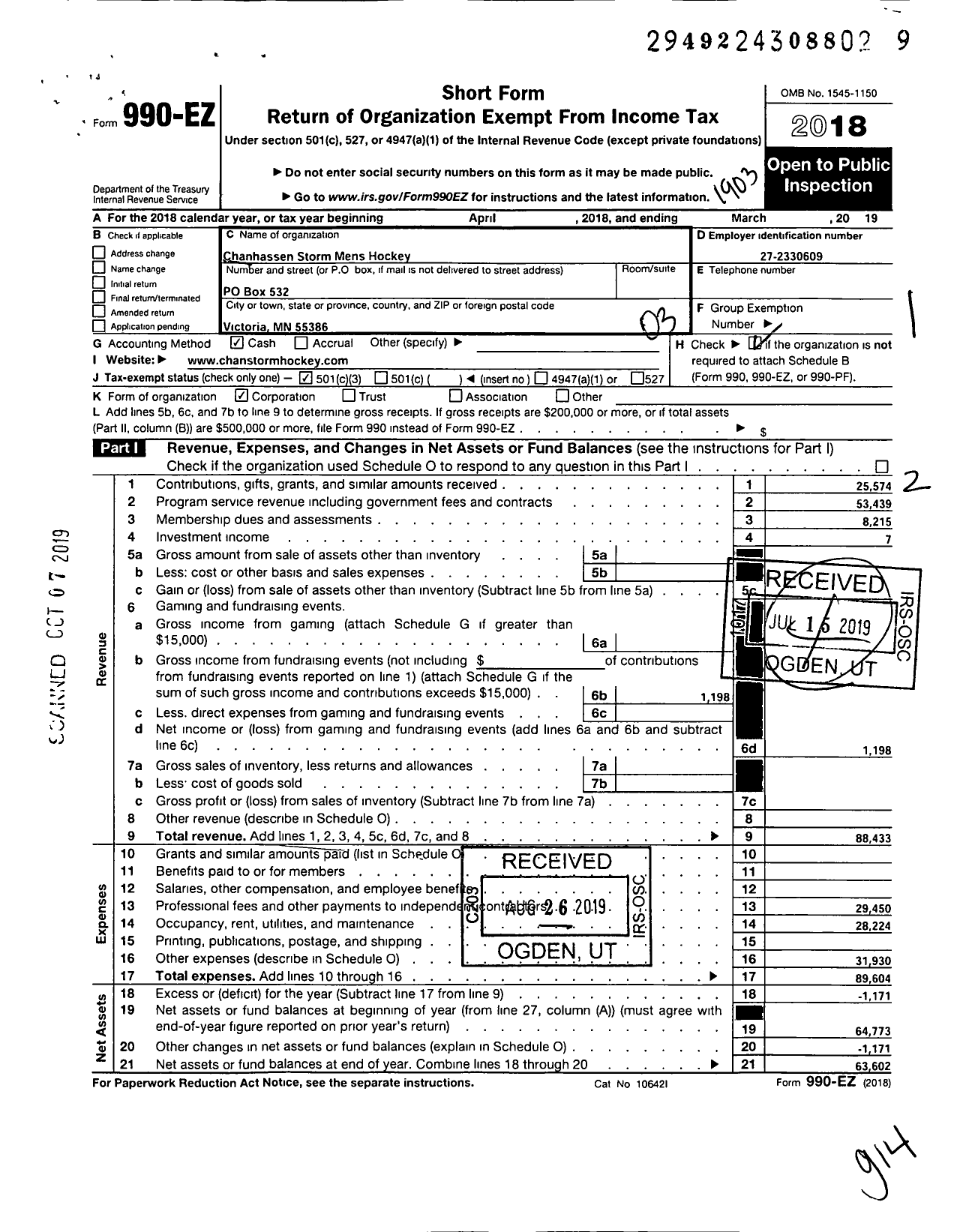 Image of first page of 2018 Form 990EZ for Chanhassen Storm Mens Hockey