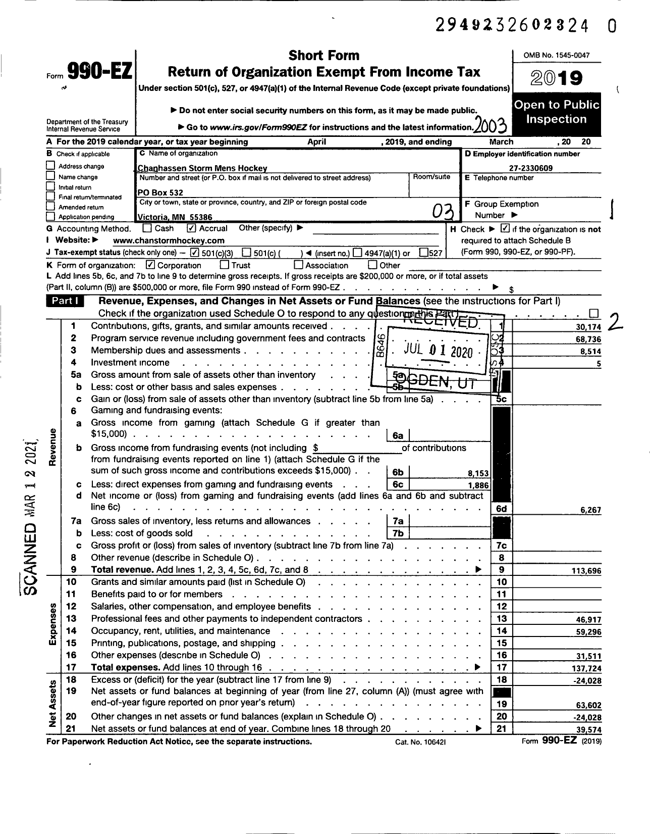 Image of first page of 2019 Form 990EZ for Chanhassen Storm Mens Hockey