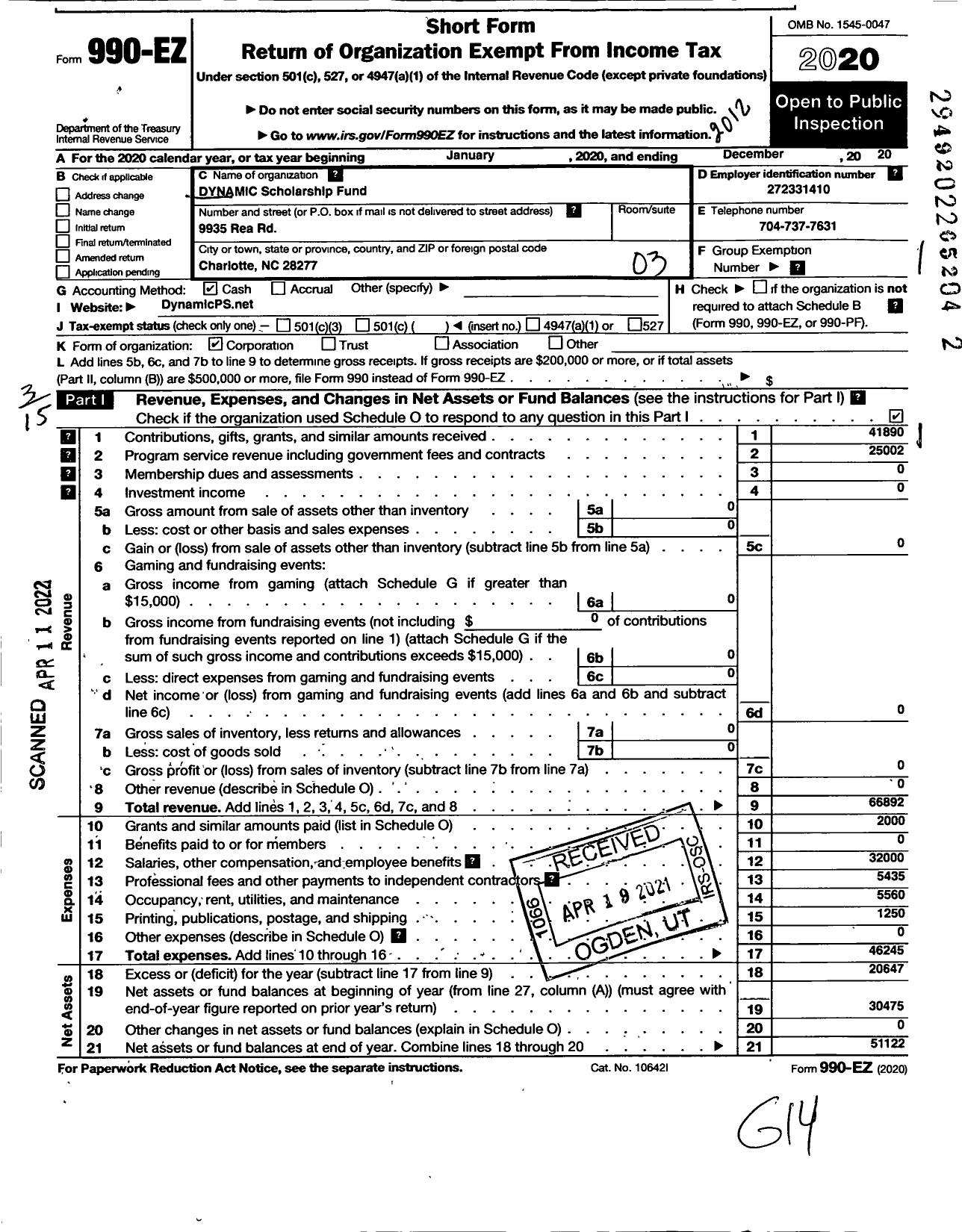 Image of first page of 2020 Form 990EZ for Dynamic Scholarship Fund