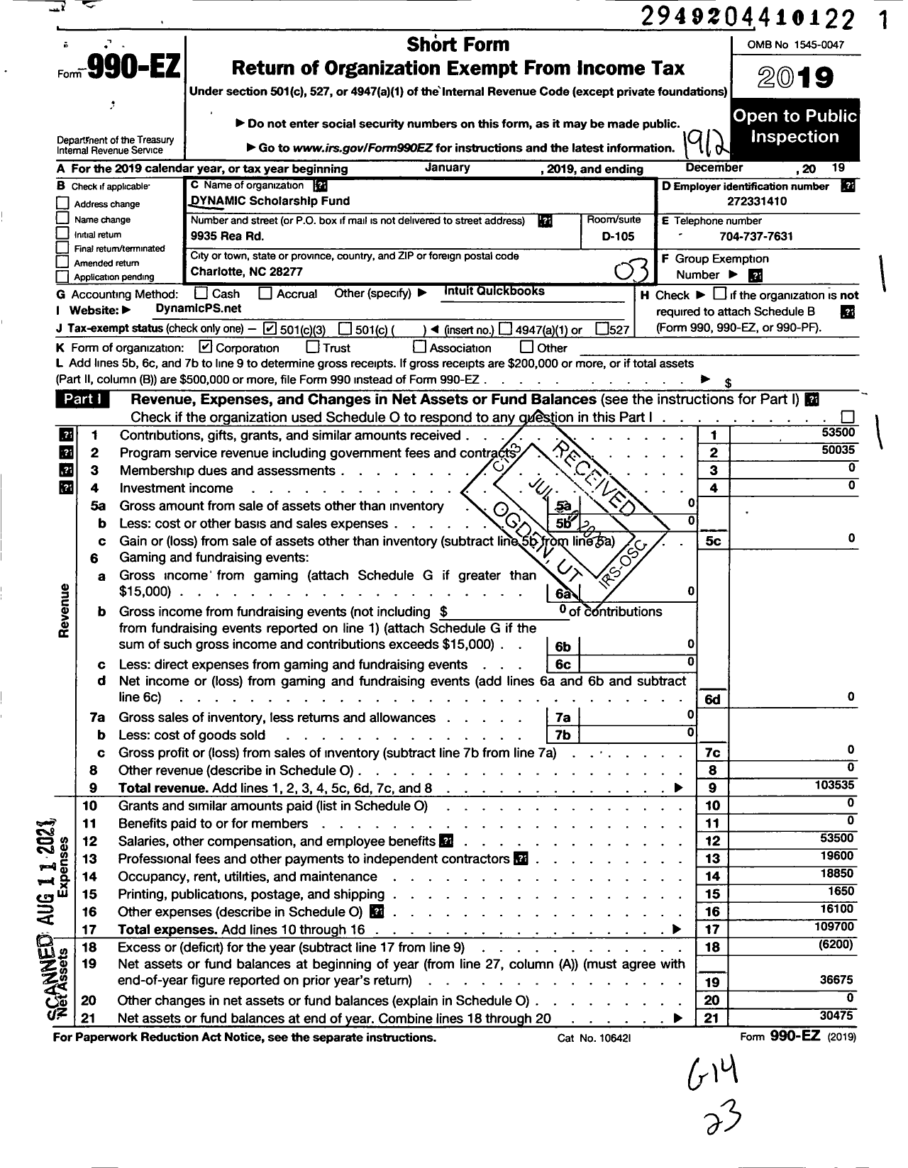 Image of first page of 2019 Form 990EZ for Dynamic Scholarship Fund