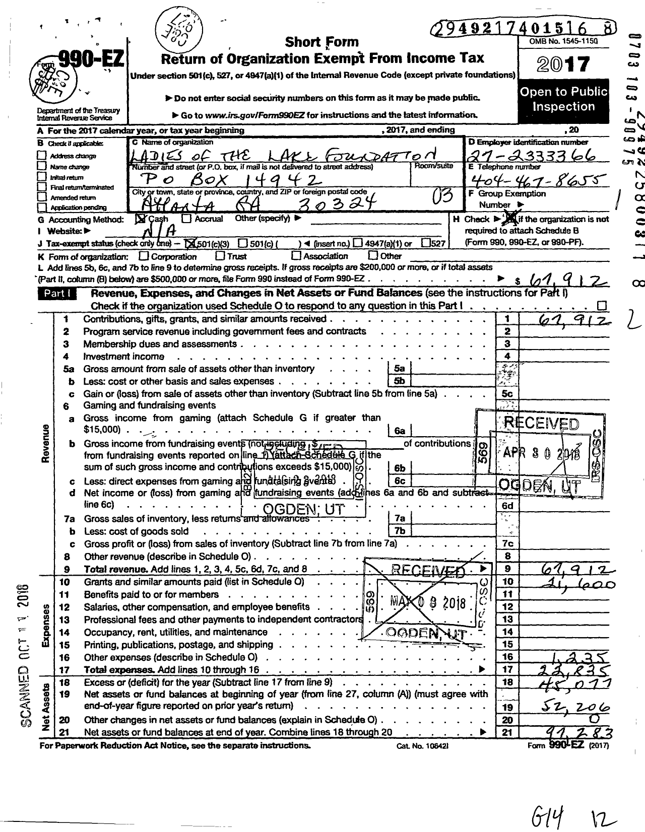 Image of first page of 2017 Form 990EZ for Ladies of the Lake Foundation