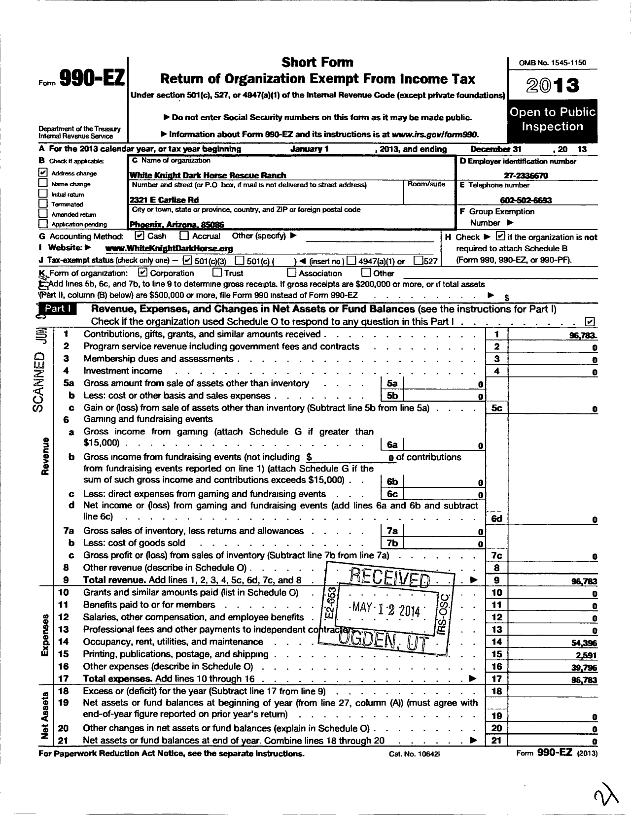 Image of first page of 2013 Form 990EZ for White Knight Dark Horse Rescue Ranch
