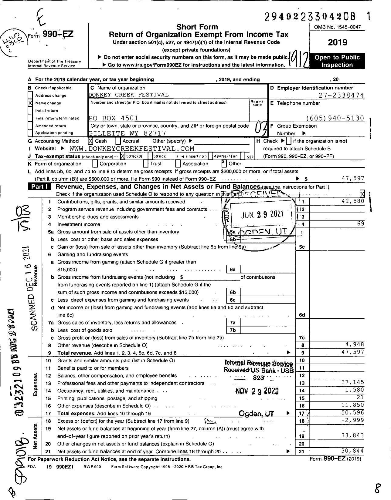 Image of first page of 2019 Form 990EZ for Donkey Creek Festival