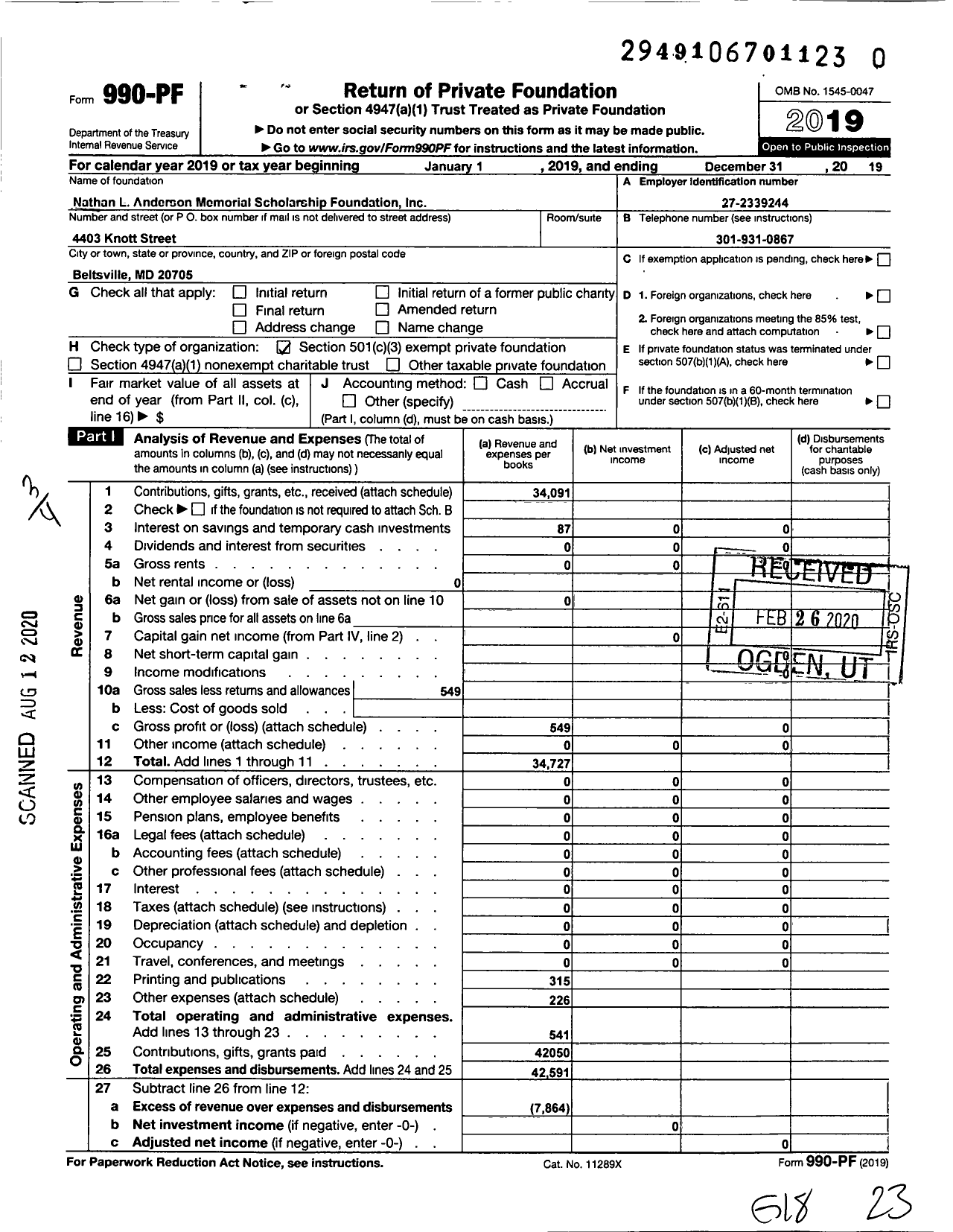 Image of first page of 2019 Form 990PR for Nathan L Anderson Memorial Scholarship Foundation