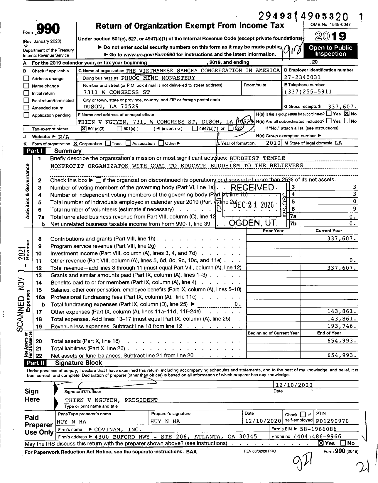 Image of first page of 2019 Form 990 for Phuoc Minh Monastery