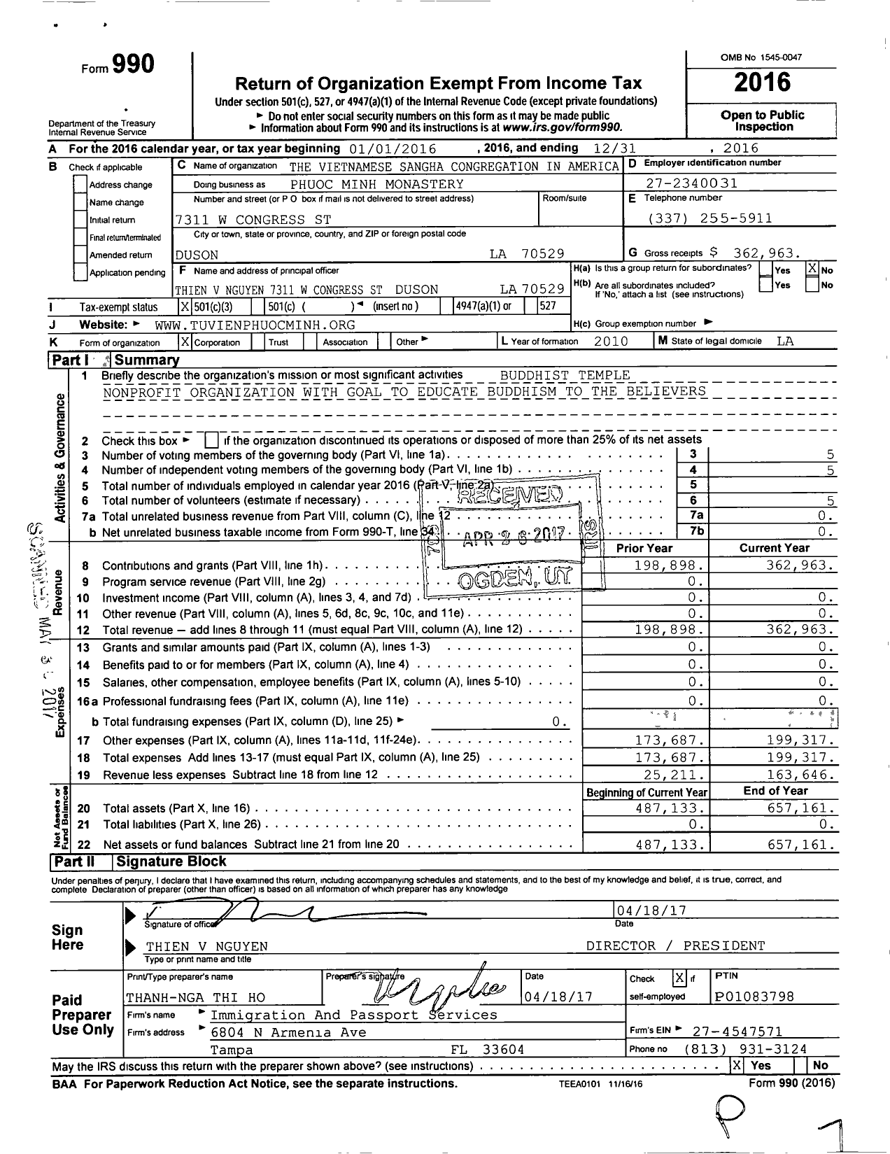 Image of first page of 2016 Form 990 for Phuoc Minh Monastery