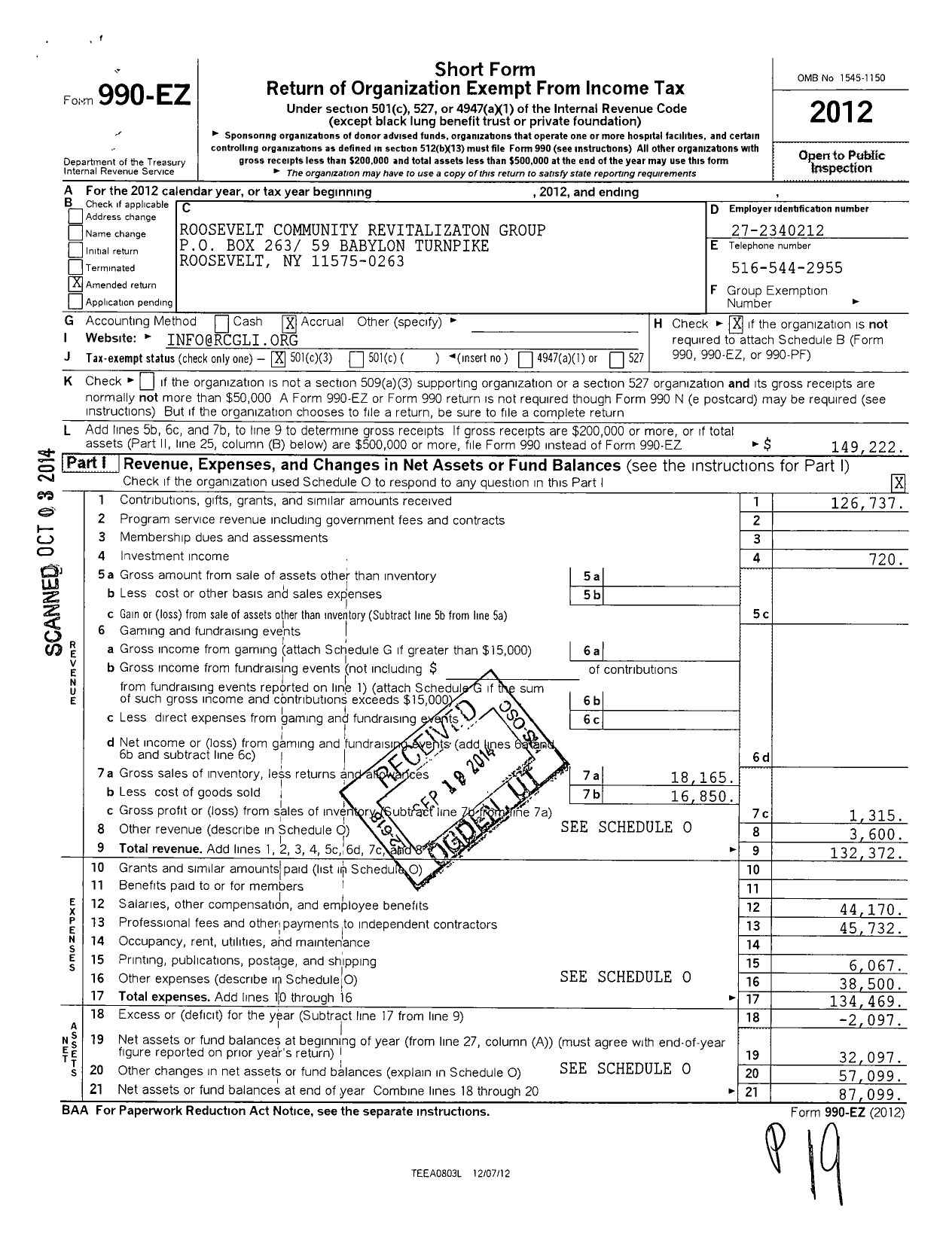 Image of first page of 2012 Form 990EZ for Roosevelt Community Revitalization Group (RCRG)