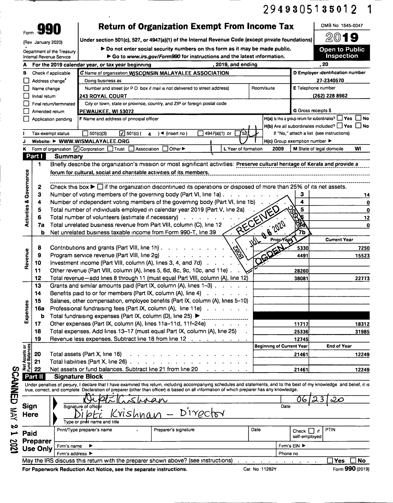 Image of first page of 2019 Form 990O for Wisconsin Malayalee Association