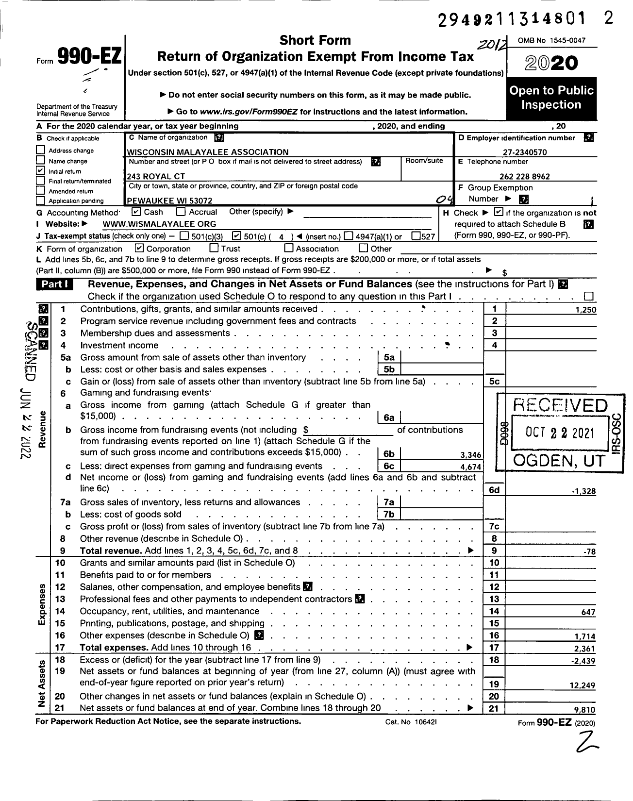 Image of first page of 2020 Form 990EO for Wisconsin Malayalee Association