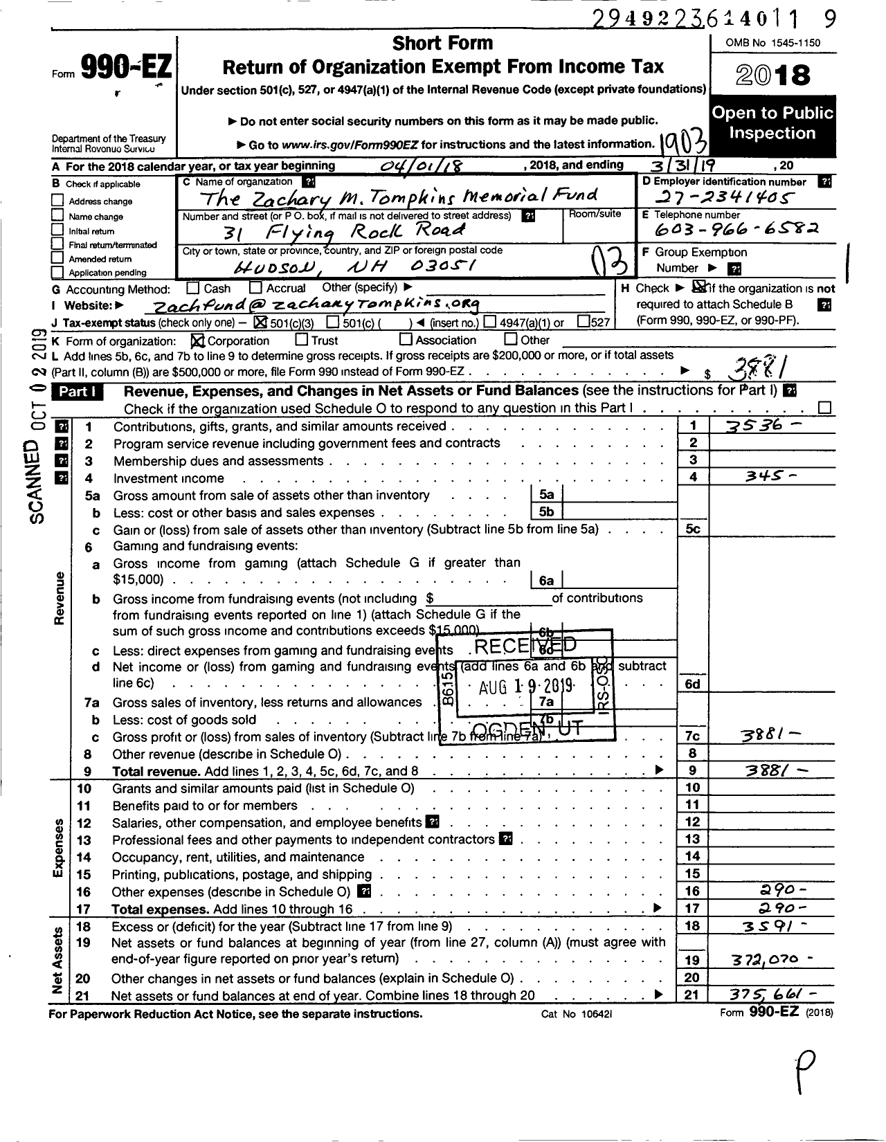 Image of first page of 2018 Form 990EZ for The Zachary M Tompkins Memorial FND